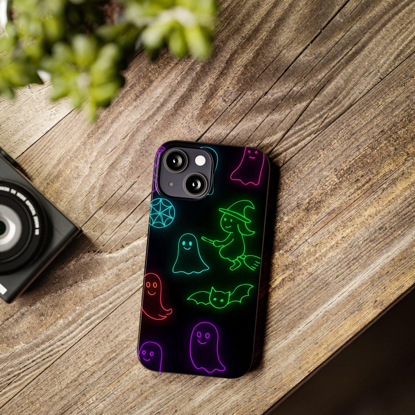 Neon Halloween Phone Case, Cute Ghost Witch Aesthetic Slim Phone Case, Compatible with iPhone, Galaxy, Google
