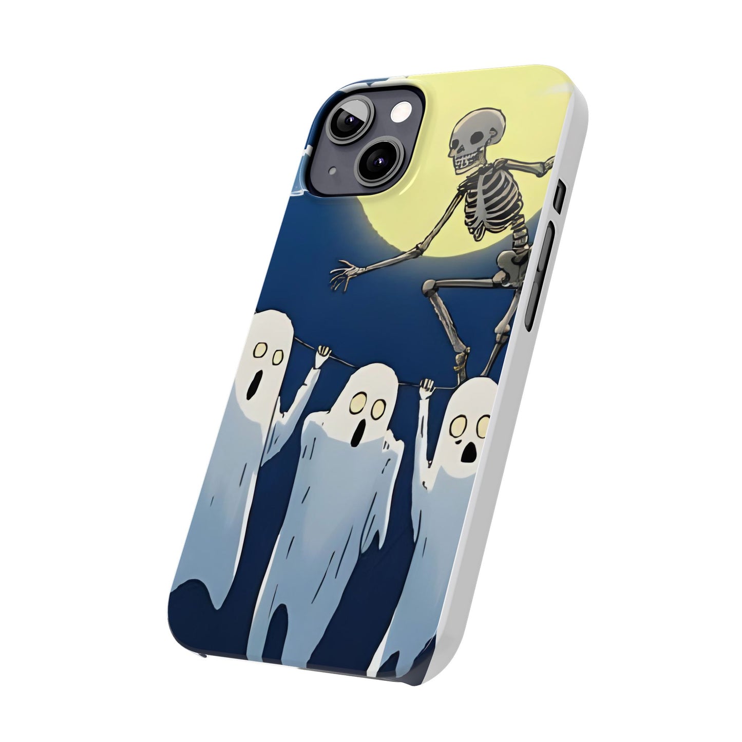 Jumping Skeleton Slim Phone Case - Halloween Aesthetic, Creepy Cute Ghost Cartoon Style, Compatible with iPhone, Galaxy, and Google Phones