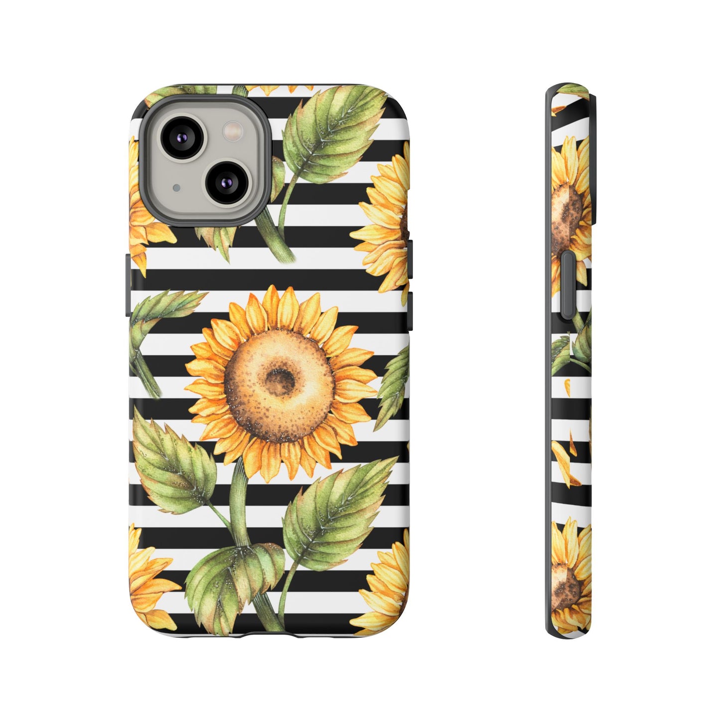 Sunflower Tough Phone Case - Bold Yellow Floral Art, Black and White Striped Aesthetic, Compatible with iPhone, Galaxy, and Google Phones