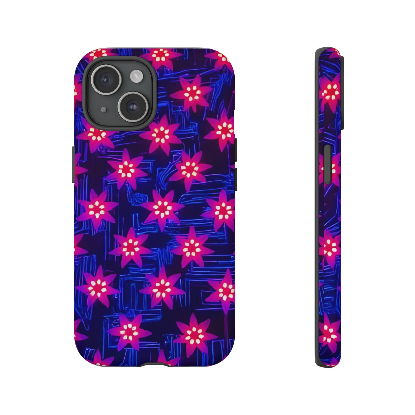 Neon Flower Tough Phone Case - Trippy Dark Floral Art, Electric Glow Aesthetic, Compatible with iPhone, Galaxy, and Google Phones