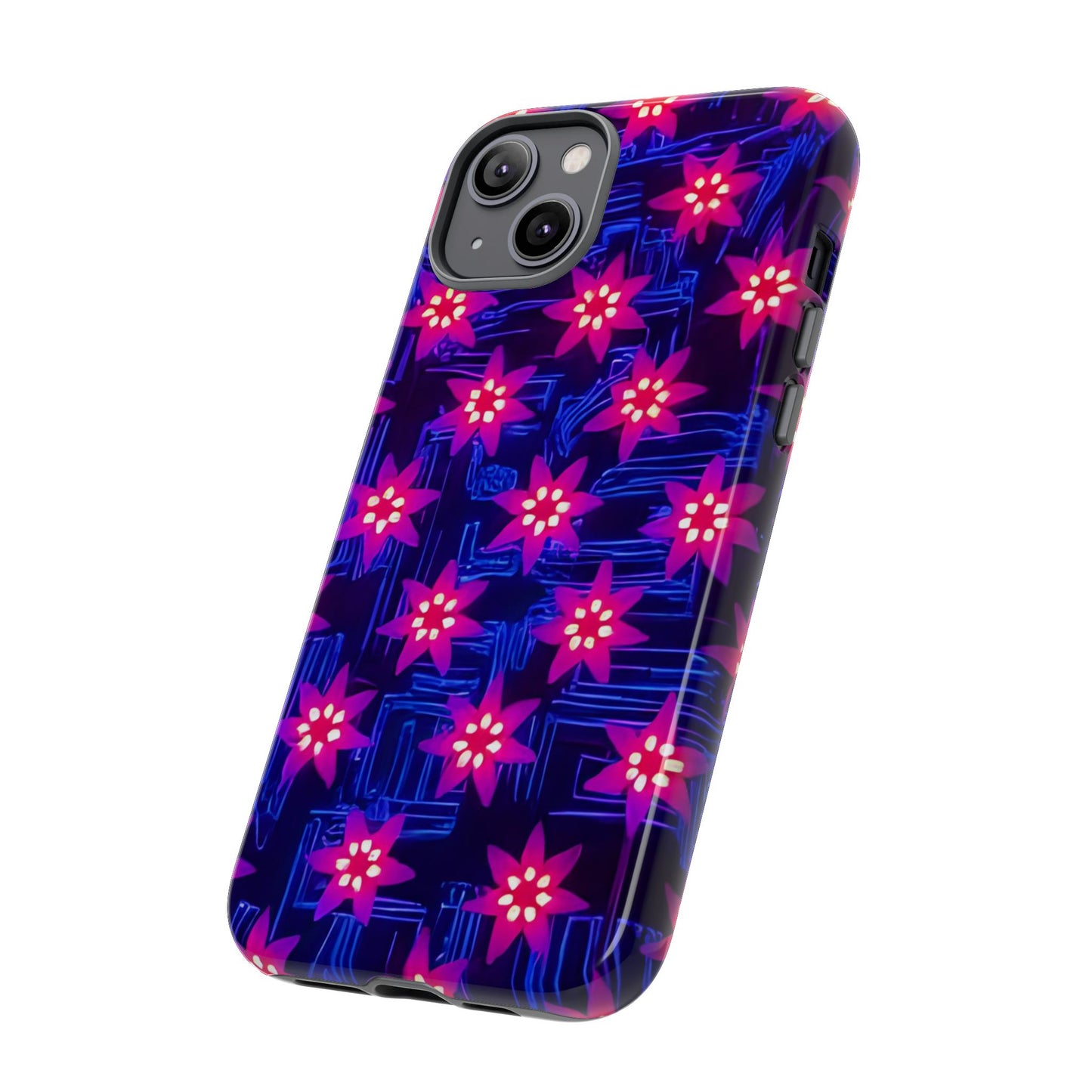 Neon Flower Tough Phone Case - Trippy Dark Floral Art, Electric Glow Aesthetic, Compatible with iPhone, Galaxy, and Google Phones
