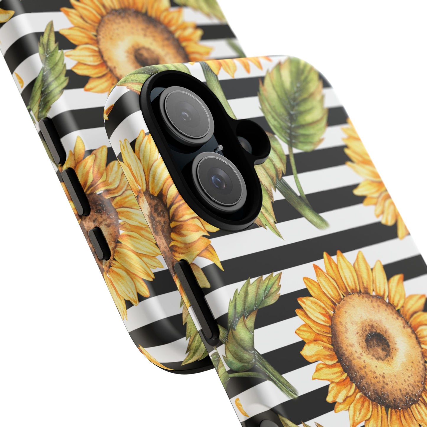 Sunflower Tough Phone Case - Bold Yellow Floral Art, Black and White Striped Aesthetic, Compatible with iPhone, Galaxy, and Google Phones