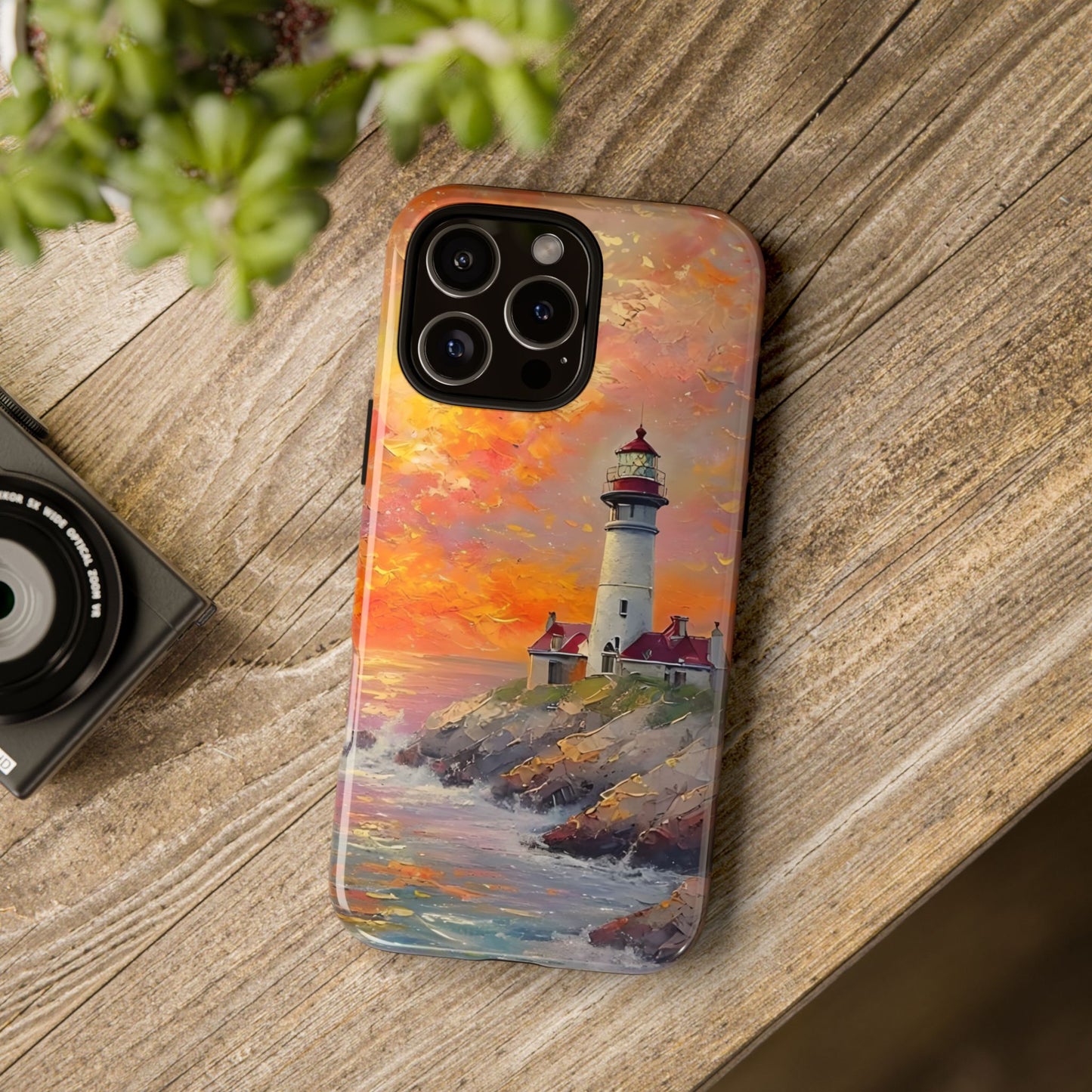 Lighthouse Ocean Scenery Tough Phone Case, Oil Painting, Sunset Coastal Compatible with iPhone 17, 16, 15, 14, 13, Galaxy, Google