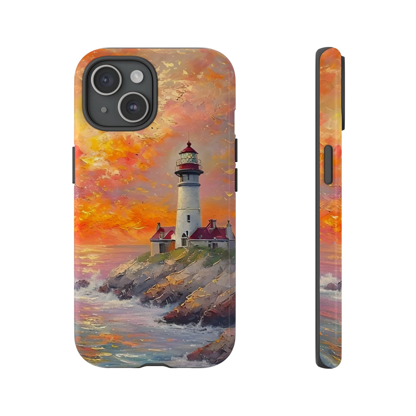 Lighthouse Ocean Scenery Tough Phone Case, Oil Painting, Sunset Coastal Compatible with iPhone 17, 16, 15, 14, 13, Galaxy, Google