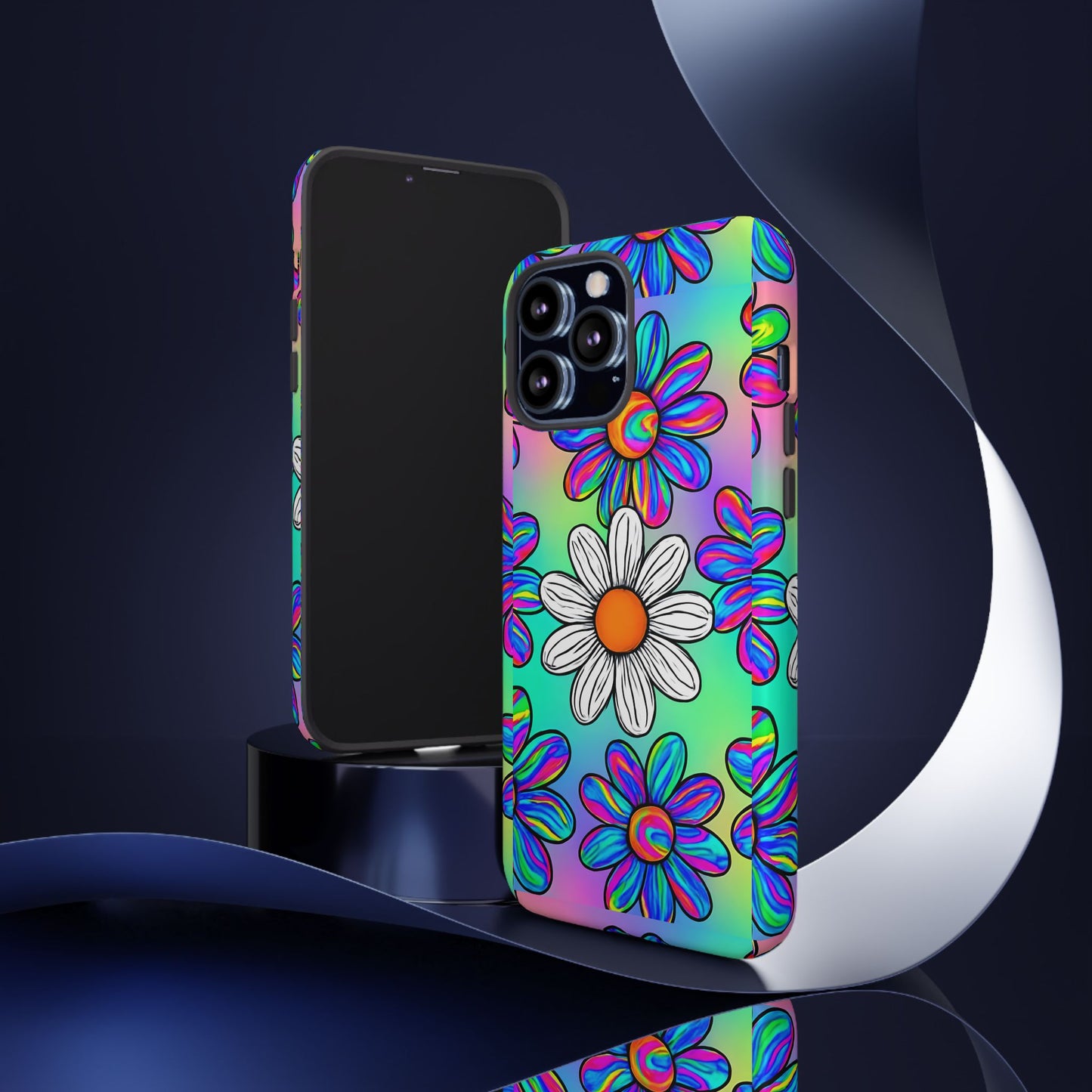 Trippy Daisy Tough Phone Case - Psychedelic Floral Design, Colorful Retro Aesthetic, Compatible with iPhone, Galaxy, and Google Phones