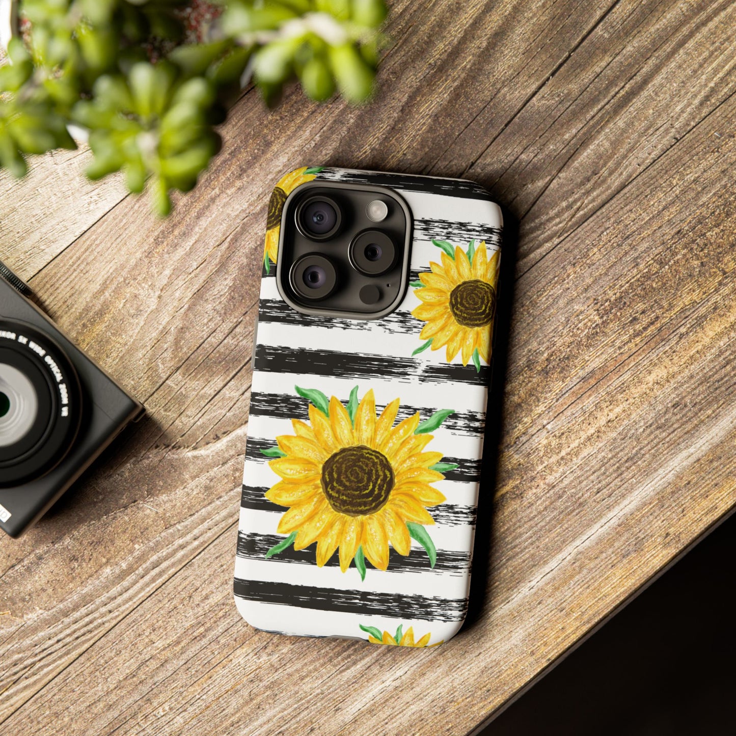 Sunflower Tough Phone Case - Bright Yellow Floral Art, Black and White Striped Aesthetic, Compatible with iPhone, Galaxy, and Google Phones