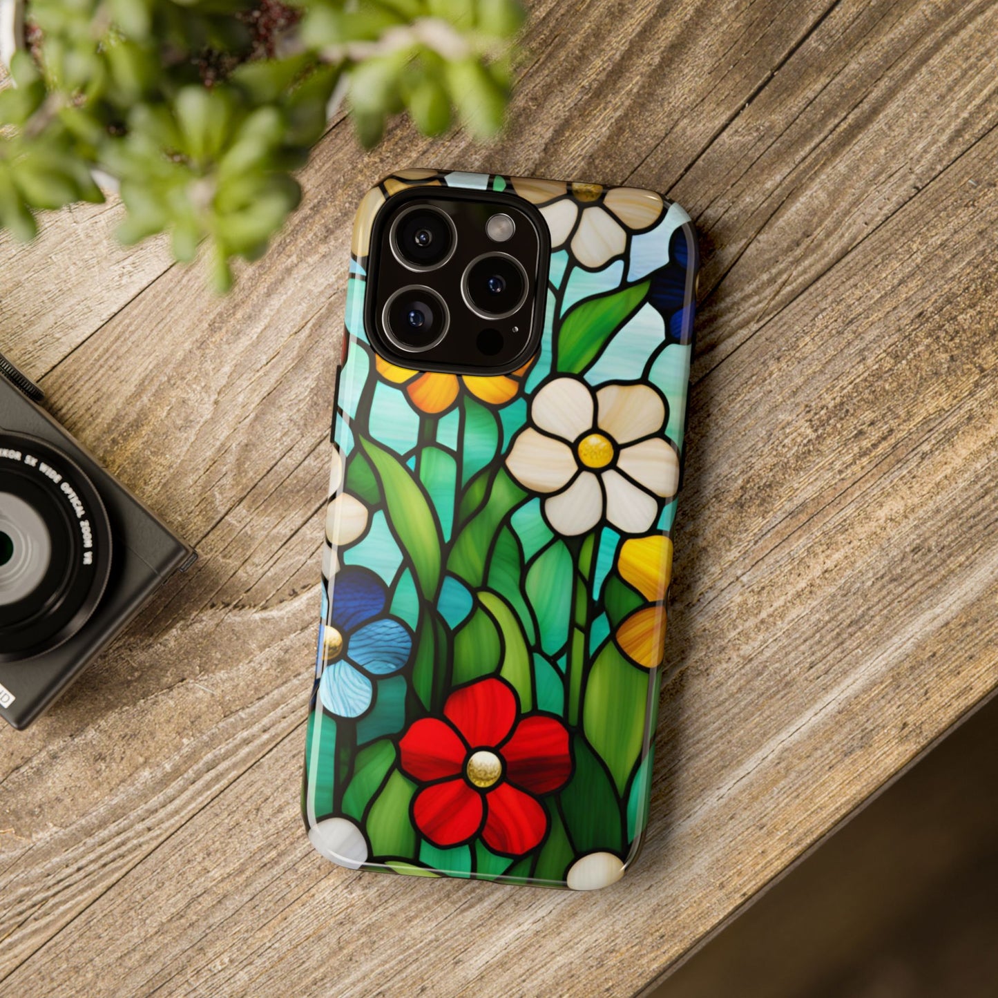 Stained Glass Floral Tough Phone Case Vibrant Protective Cover compatible with iPhone 16 Pro Max Plus 15 14 13 12 11 X Samsung, Google Pixel