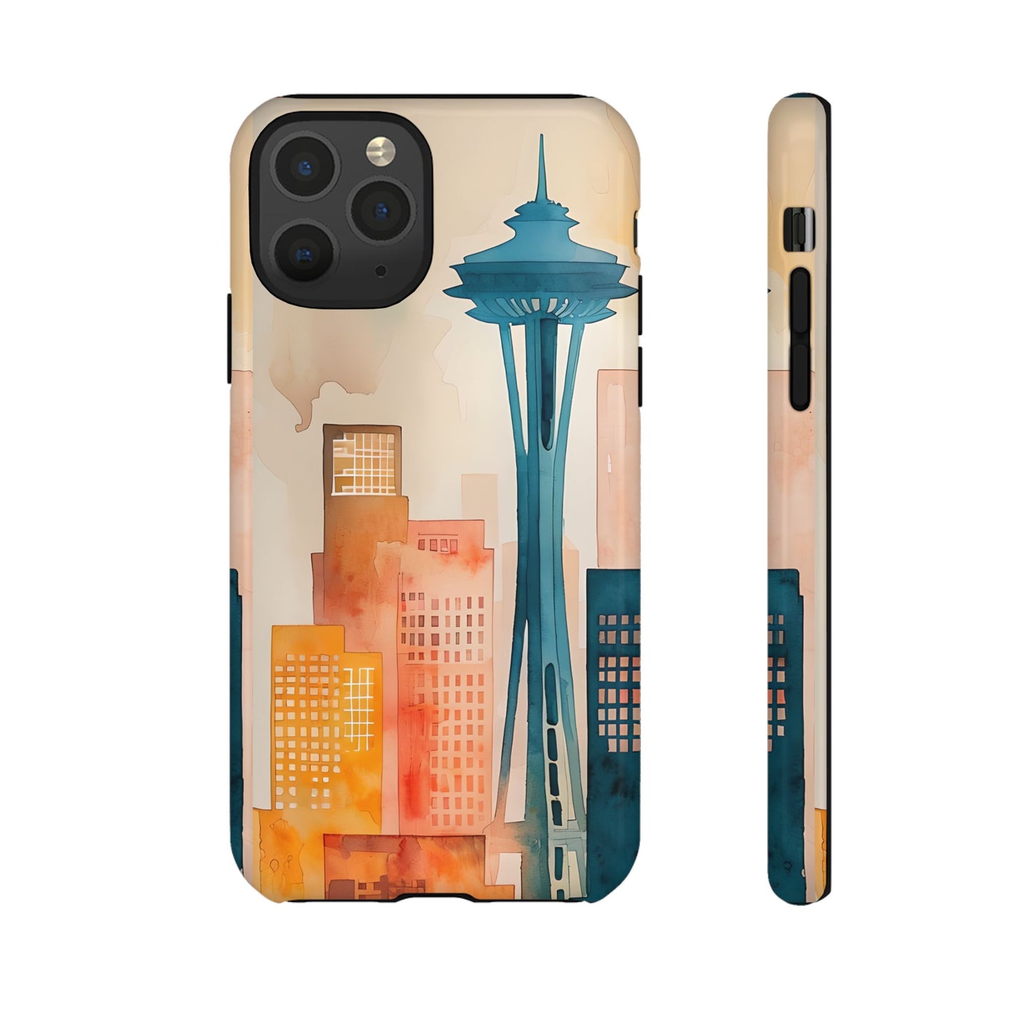 Seattle Cityscape Phone Case - Urban Skyline Art Tough Case, Watercolor City Aesthetic, Compatible with iPhone, Galaxy, Google Phones