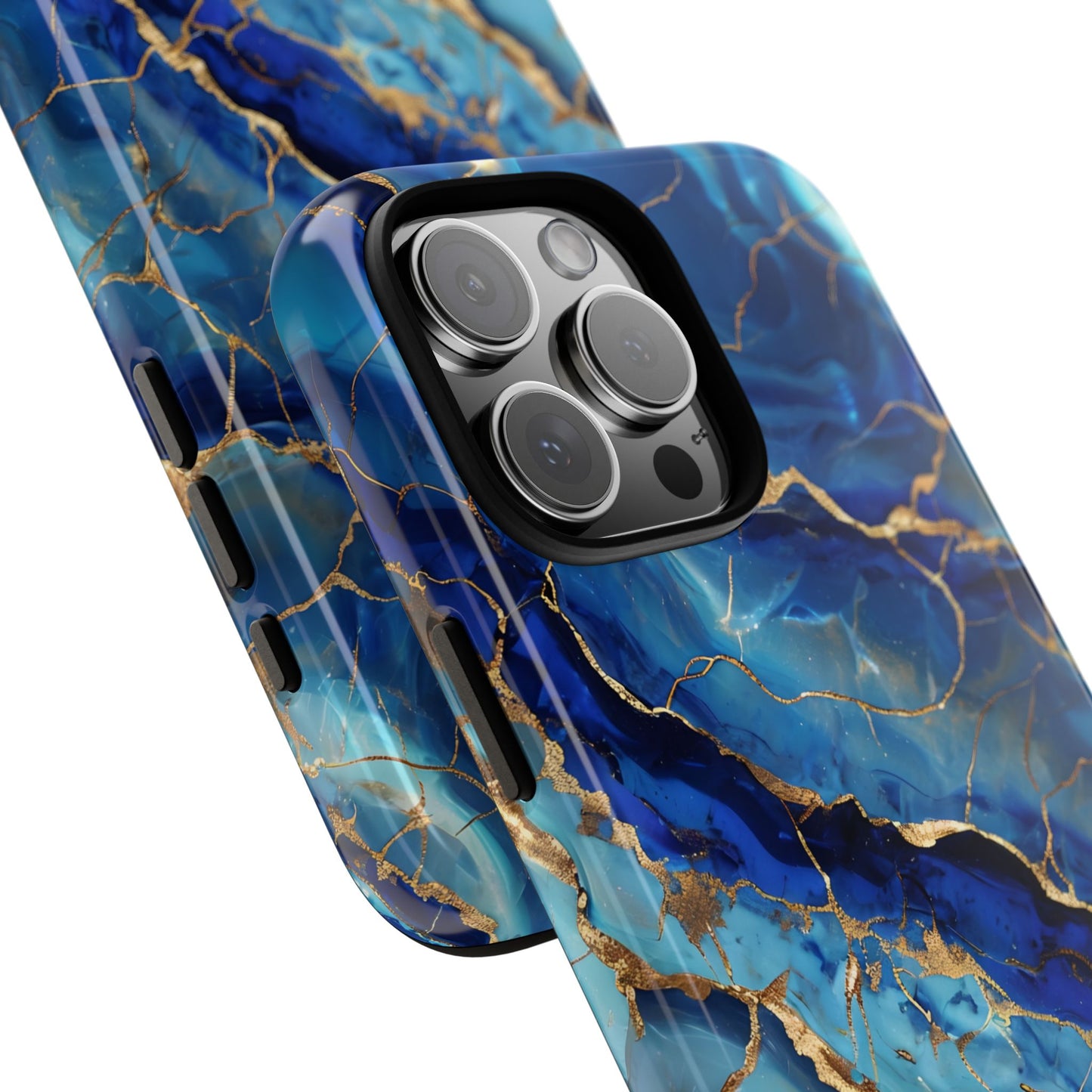 Blue Marble Agate Crystal Phone Case Geode Crystal Art with Elegant Gold Veins, Luxury Abstract Cover compatible with iPhone, Samsung, Pixel