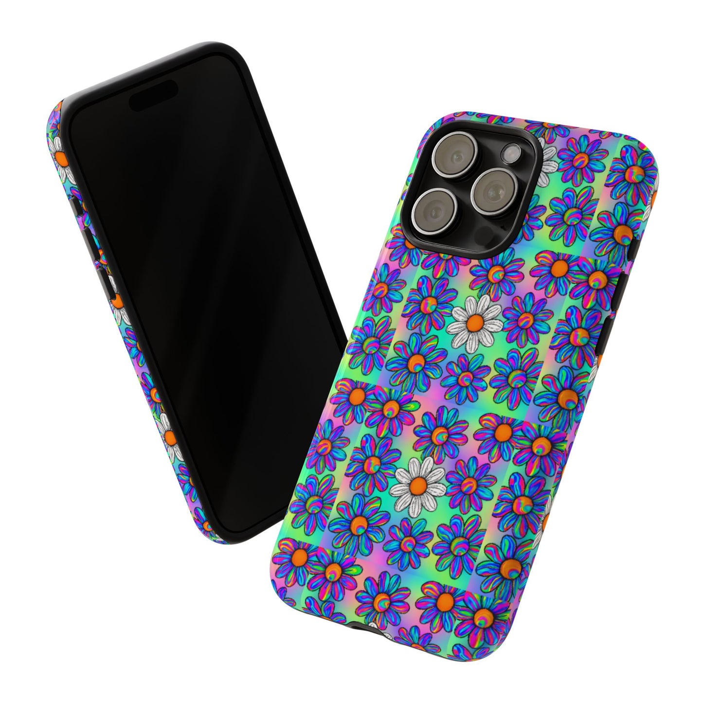 Trippy Daisy Tough Phone Case - Psychedelic Floral Aesthetic, Colorful Groovy Design, Compatible with iPhone, Galaxy, and Google Phones
