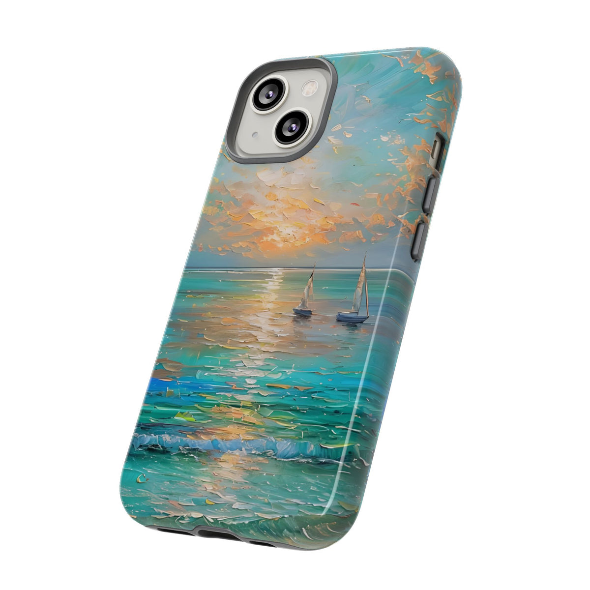 Sailboat Ocean Scenery Tough Phone Case, Oil Painting Phone Cover, Sunset Sailing Compatible with iPhone 17, 16, 15, 14, 13, Galaxy, Google