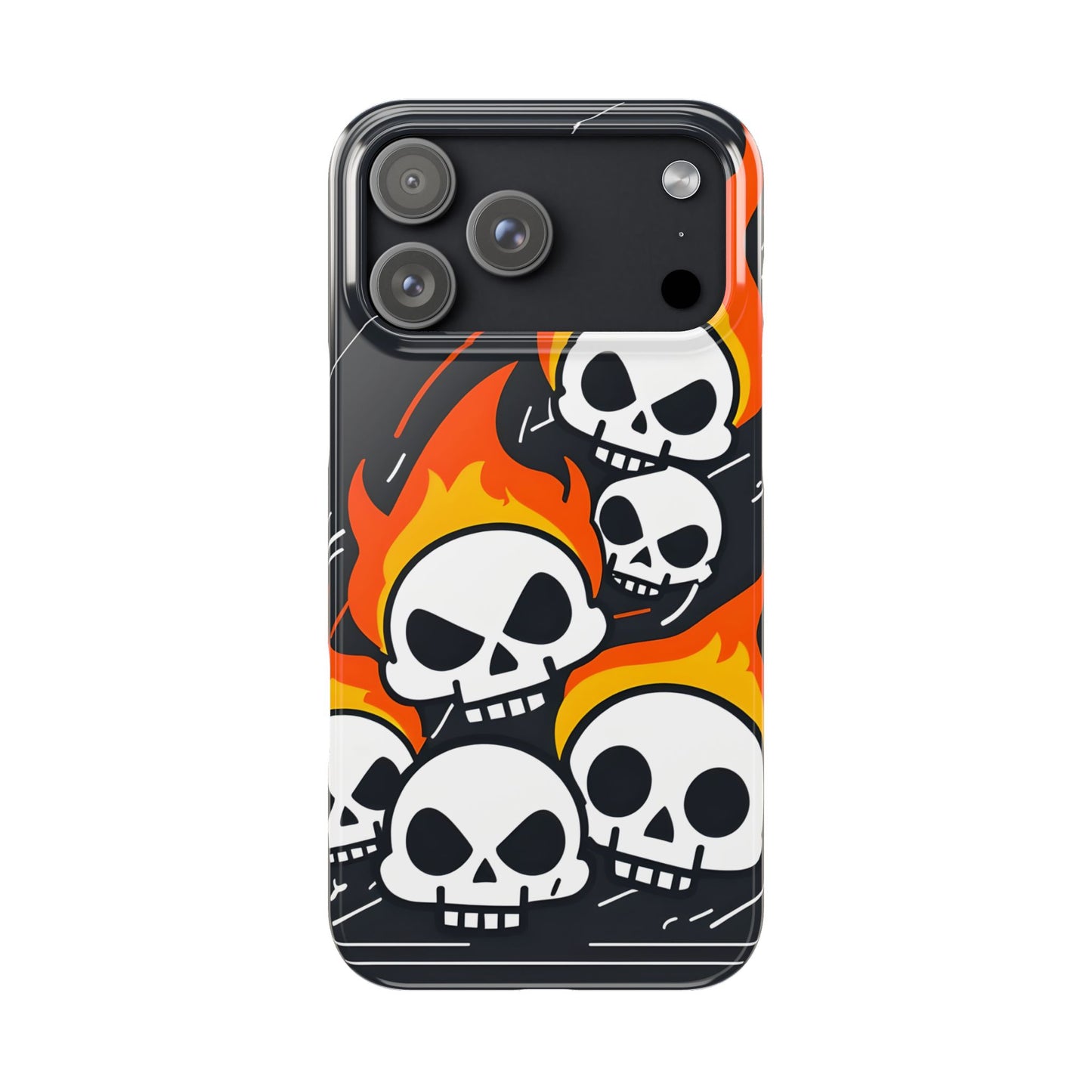 Flaming Skulls Slim Phone Case, Y2K Alt Halloween Aesthetic, Creepy Cute Cartoon Style, Stylish Music Lovers, Perfect Gift for Halloween