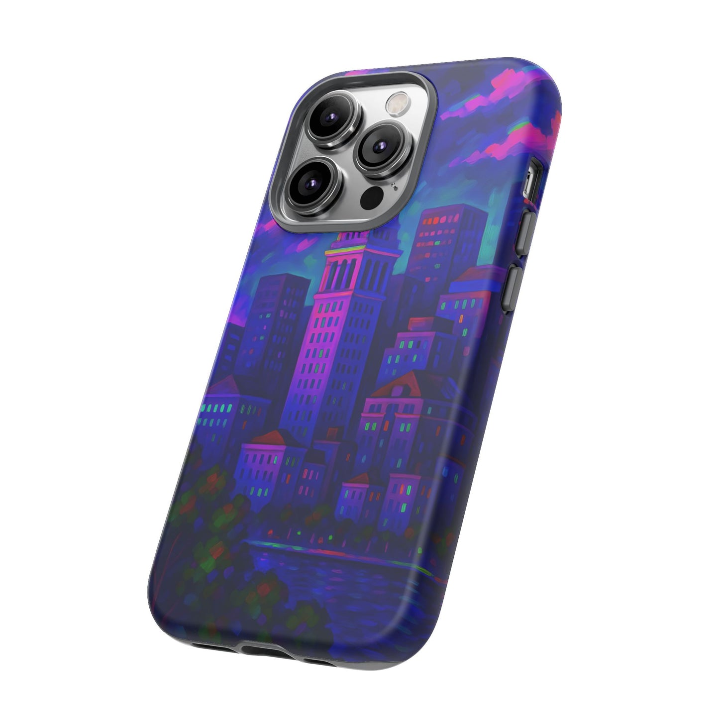 Boston Cityscape Tough Phone Case, Neon Night Skyline, Sunset Tower View Watercolor Urban Art, Compatible with iPhone, Galaxy, Google Phones