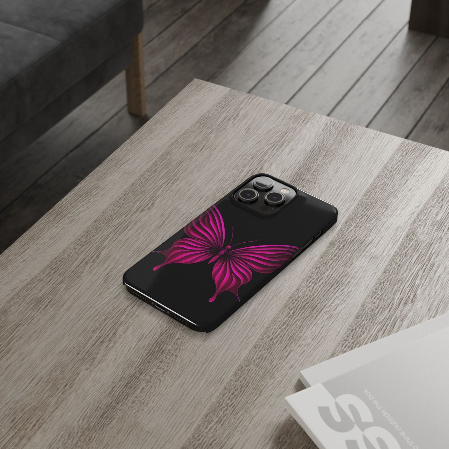 Pink Butterfly Phone Case, Elegant Insect Art, Black Aesthetic Slim Phone Case Compatible with iPhone, Galaxy, Google