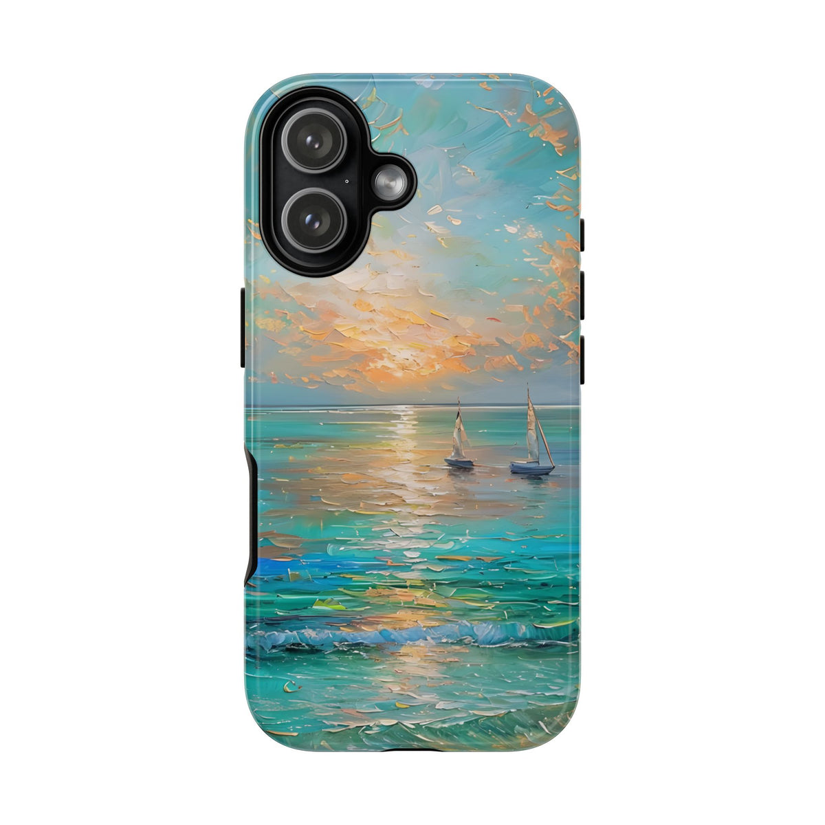 Sailboat Ocean Scenery Tough Phone Case, Oil Painting Phone Cover, Sunset Sailing Compatible with iPhone 17, 16, 15, 14, 13, Galaxy, Google