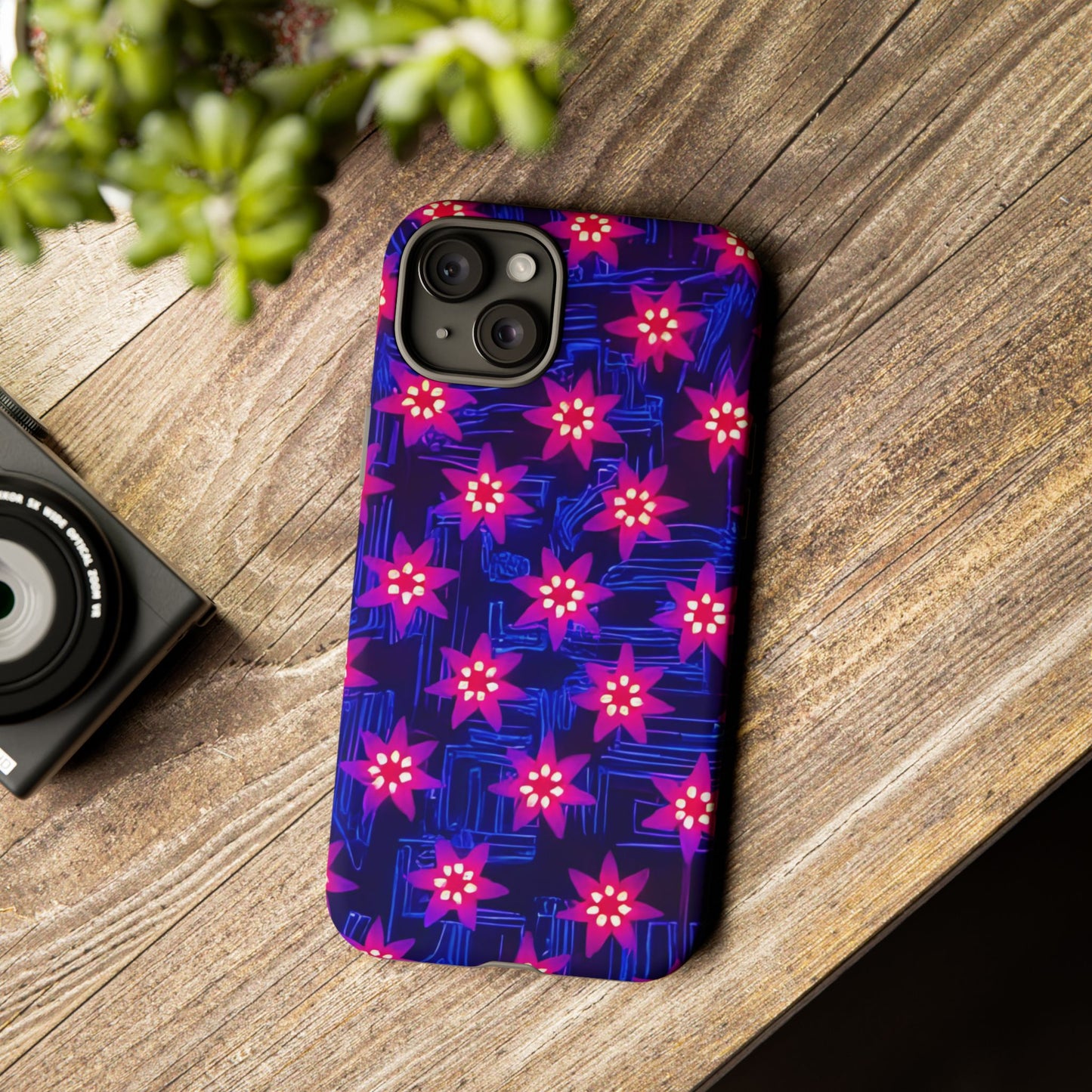 Neon Flower Tough Phone Case - Trippy Dark Floral Art, Electric Glow Aesthetic, Compatible with iPhone, Galaxy, and Google Phones