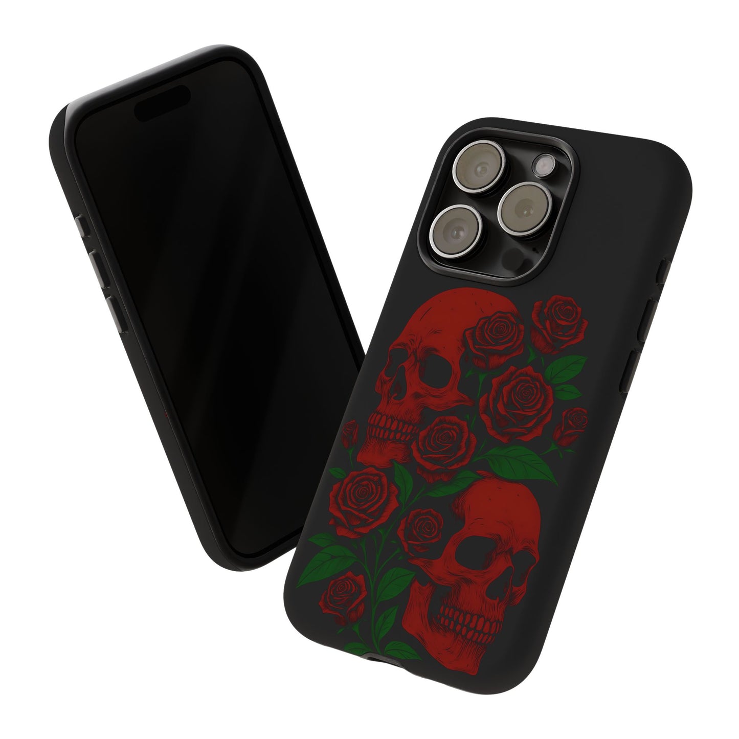 Skull and Roses Tough Phone Case - Gothic Floral Aesthetic, Dark Halloween Vibes, Compatible with iPhone, Galaxy, and Google Phones