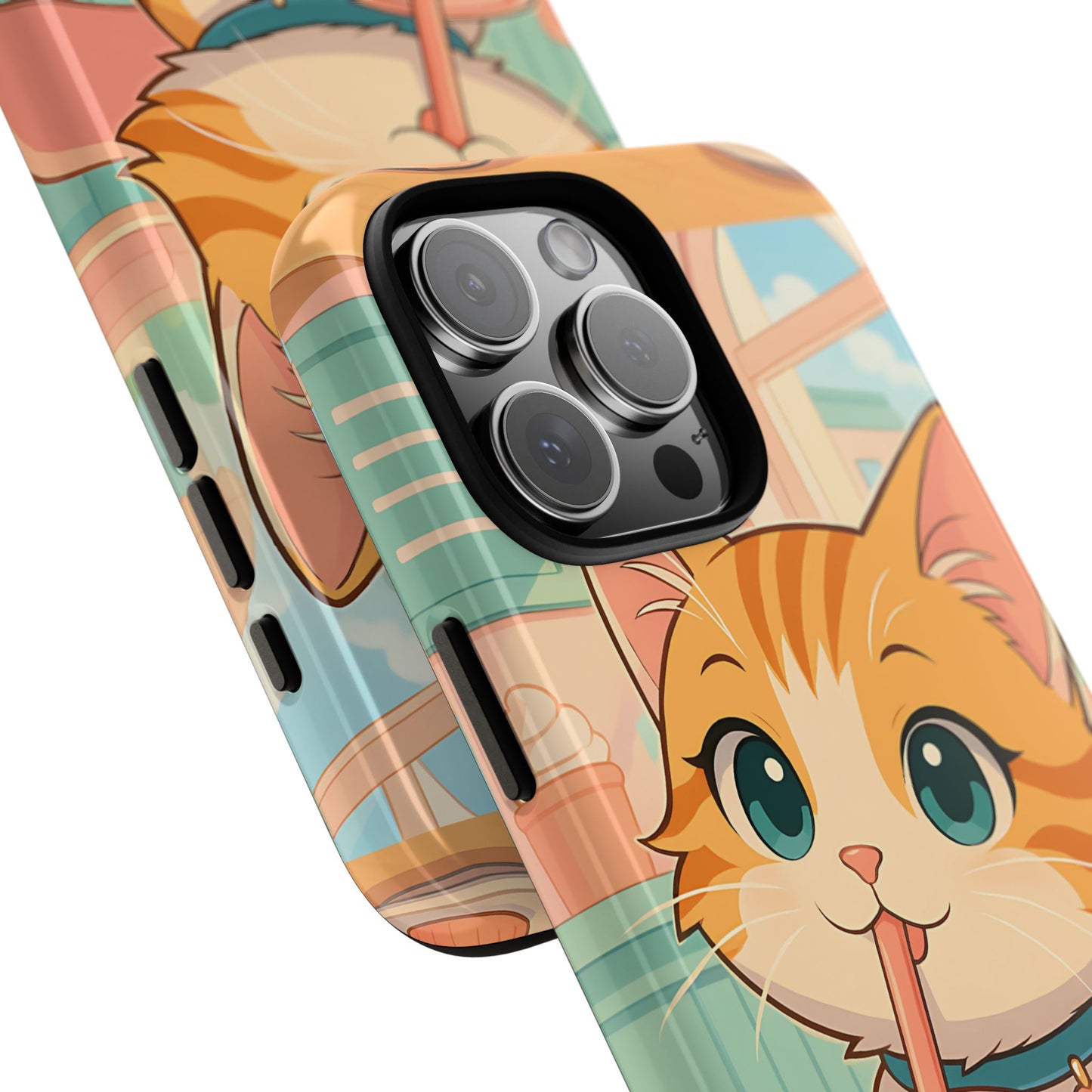 Boba Cat Tough Phone Case - Kawaii Bubble Tea Anime Kitty, Pastel Cafe Aesthetic Gift, Compatible with iPhone, Galaxy, and Google Phones