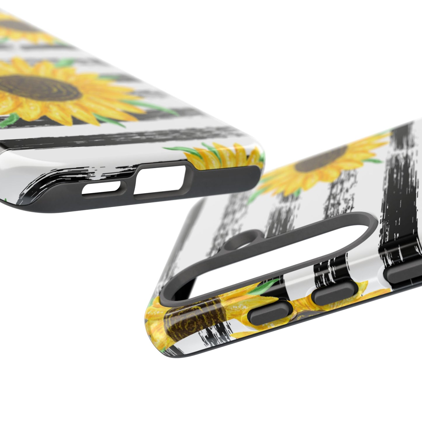 Sunflower Tough Phone Case - Bright Yellow Floral Art, Black and White Striped Aesthetic, Compatible with iPhone, Galaxy, and Google Phones