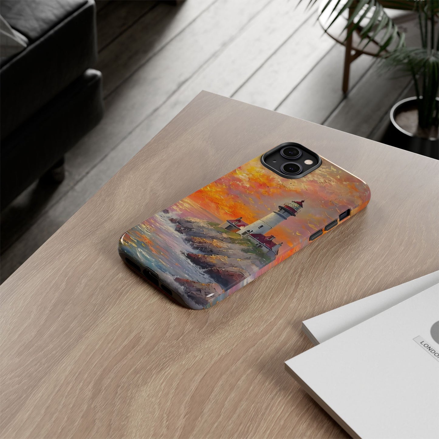 Lighthouse Ocean Scenery Tough Phone Case, Oil Painting, Sunset Coastal Compatible with iPhone 17, 16, 15, 14, 13, Galaxy, Google