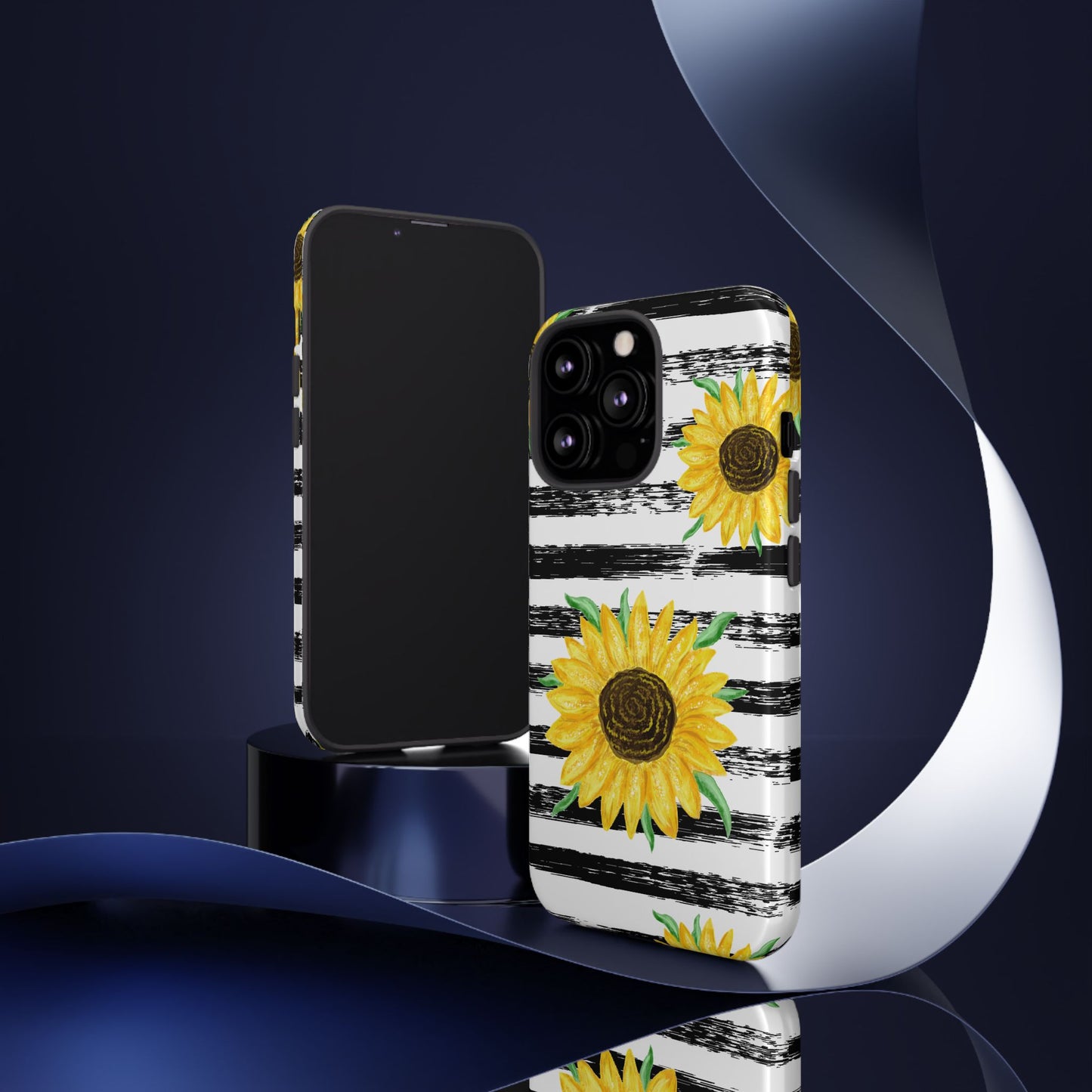 Sunflower Tough Phone Case - Bright Yellow Floral Art, Black and White Striped Aesthetic, Compatible with iPhone, Galaxy, and Google Phones