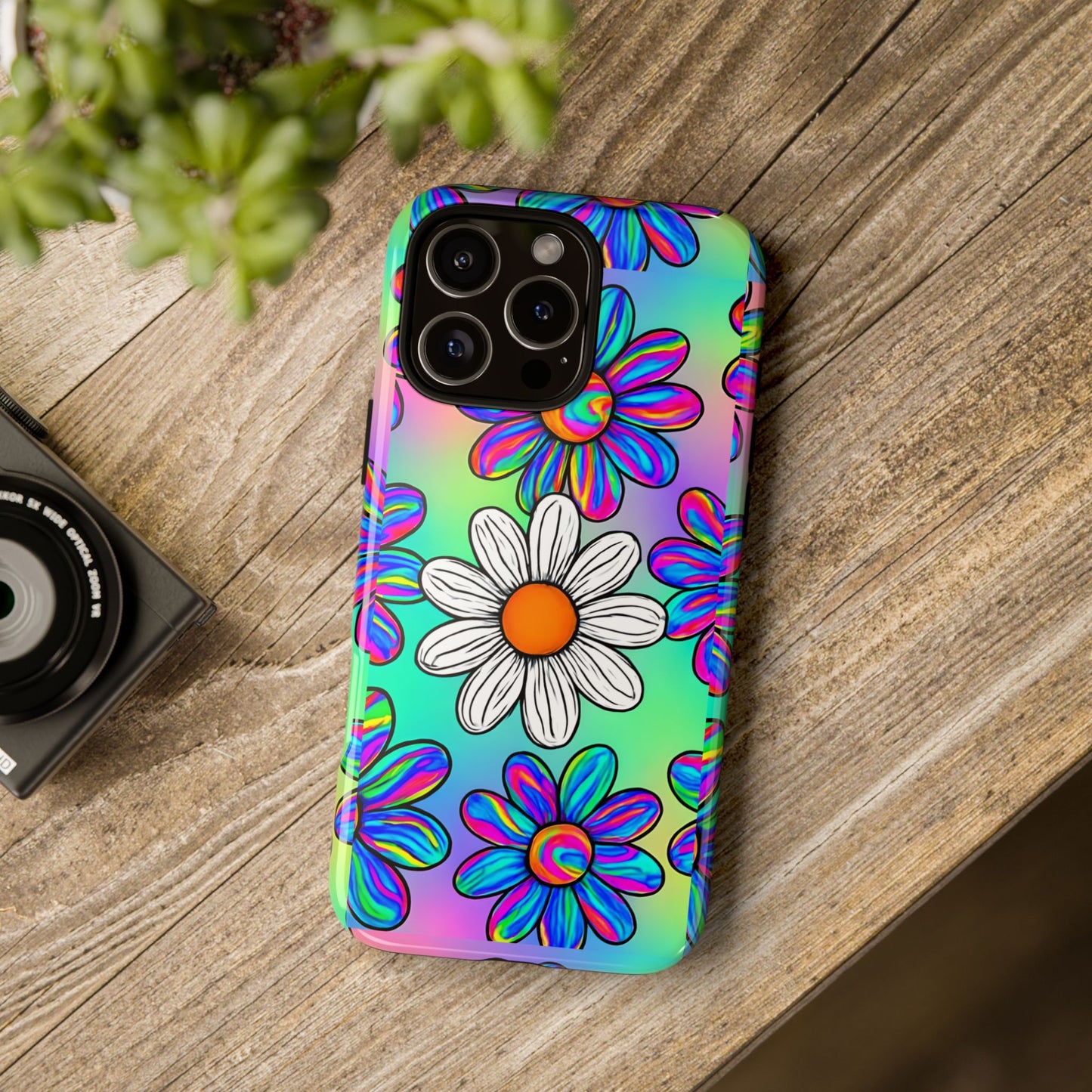 Trippy Daisy Tough Phone Case - Psychedelic Floral Design, Colorful Retro Aesthetic, Compatible with iPhone, Galaxy, and Google Phones