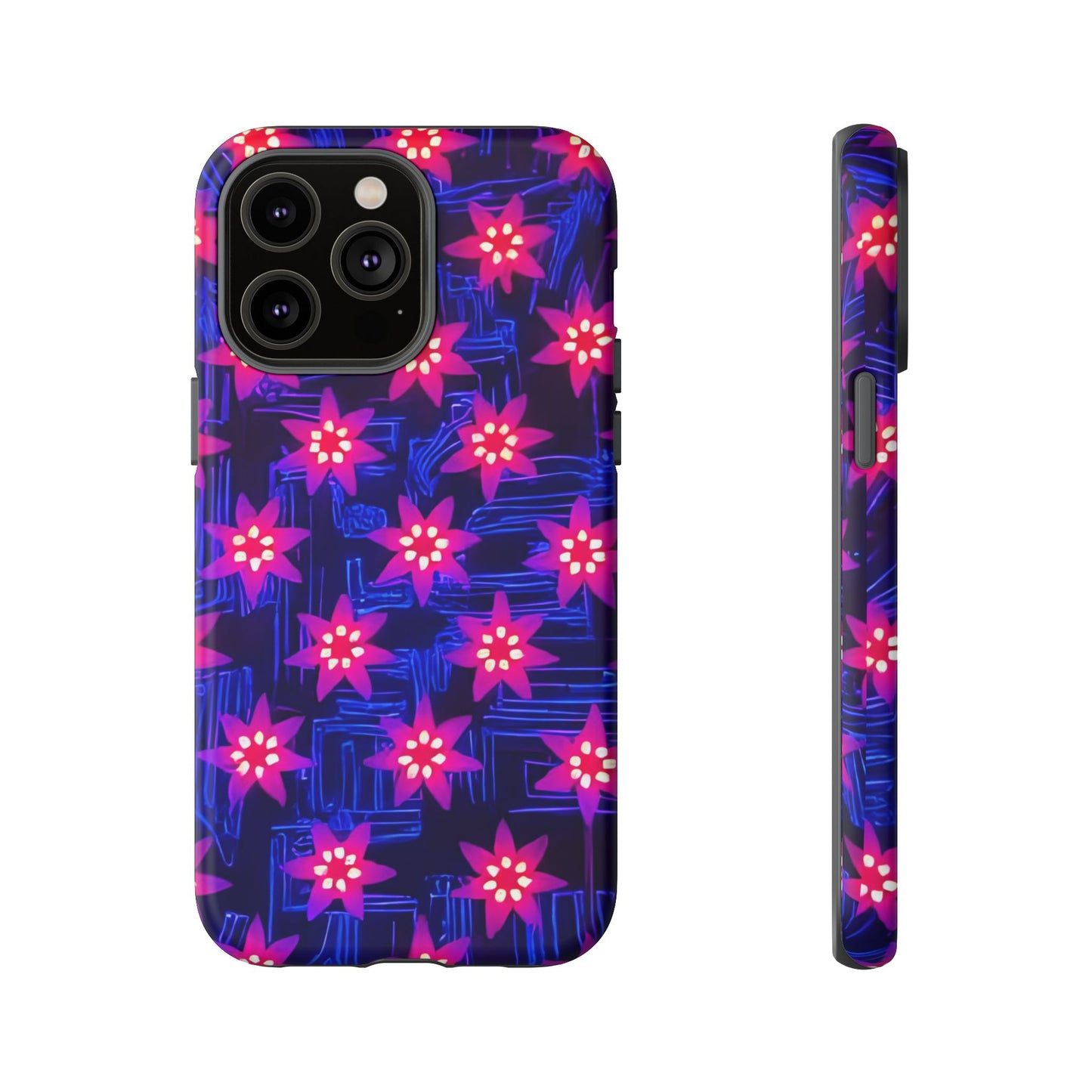 Neon Flower Tough Phone Case - Trippy Dark Floral Art, Electric Glow Aesthetic, Compatible with iPhone, Galaxy, and Google Phones