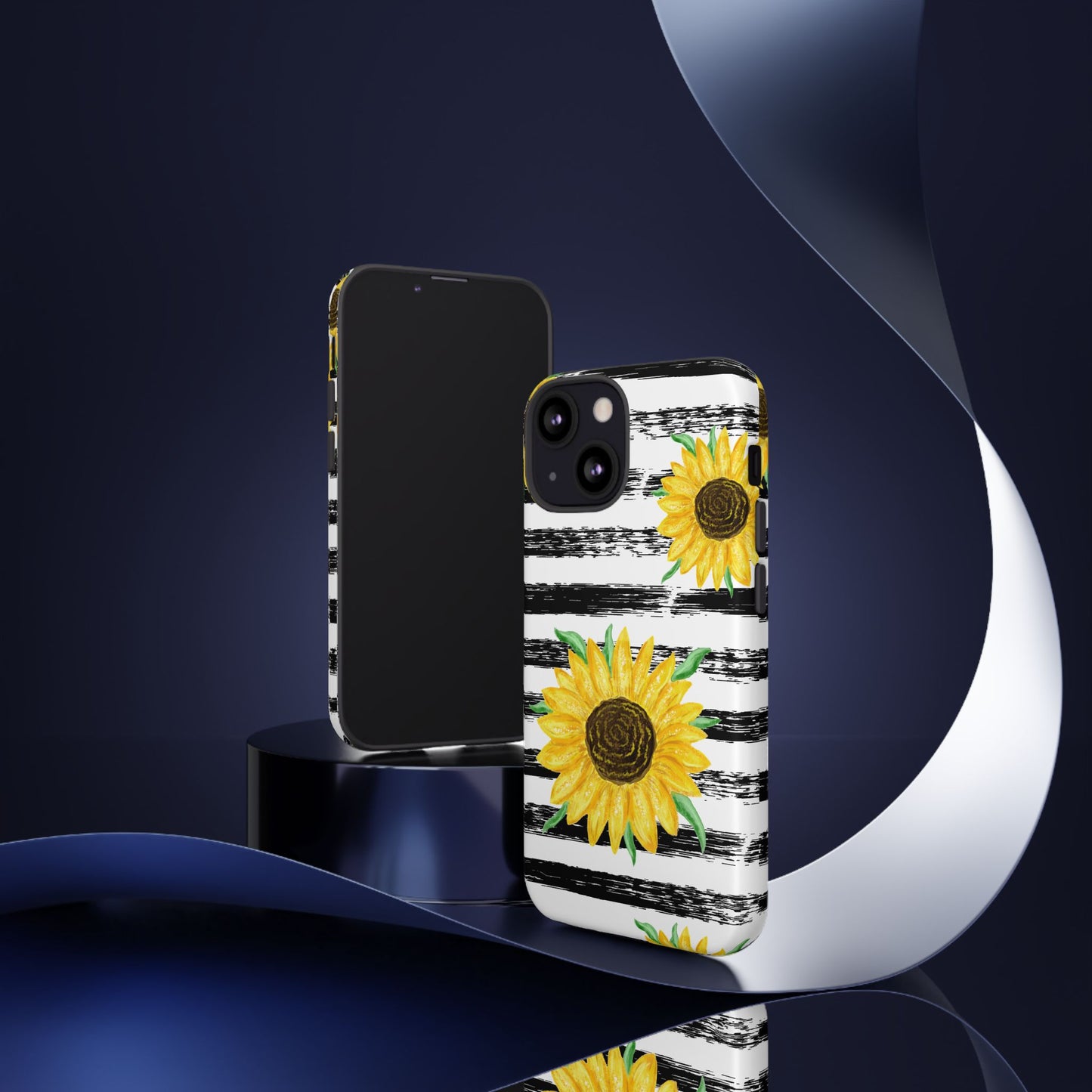 Sunflower Tough Phone Case - Bright Yellow Floral Art, Black and White Striped Aesthetic, Compatible with iPhone, Galaxy, and Google Phones