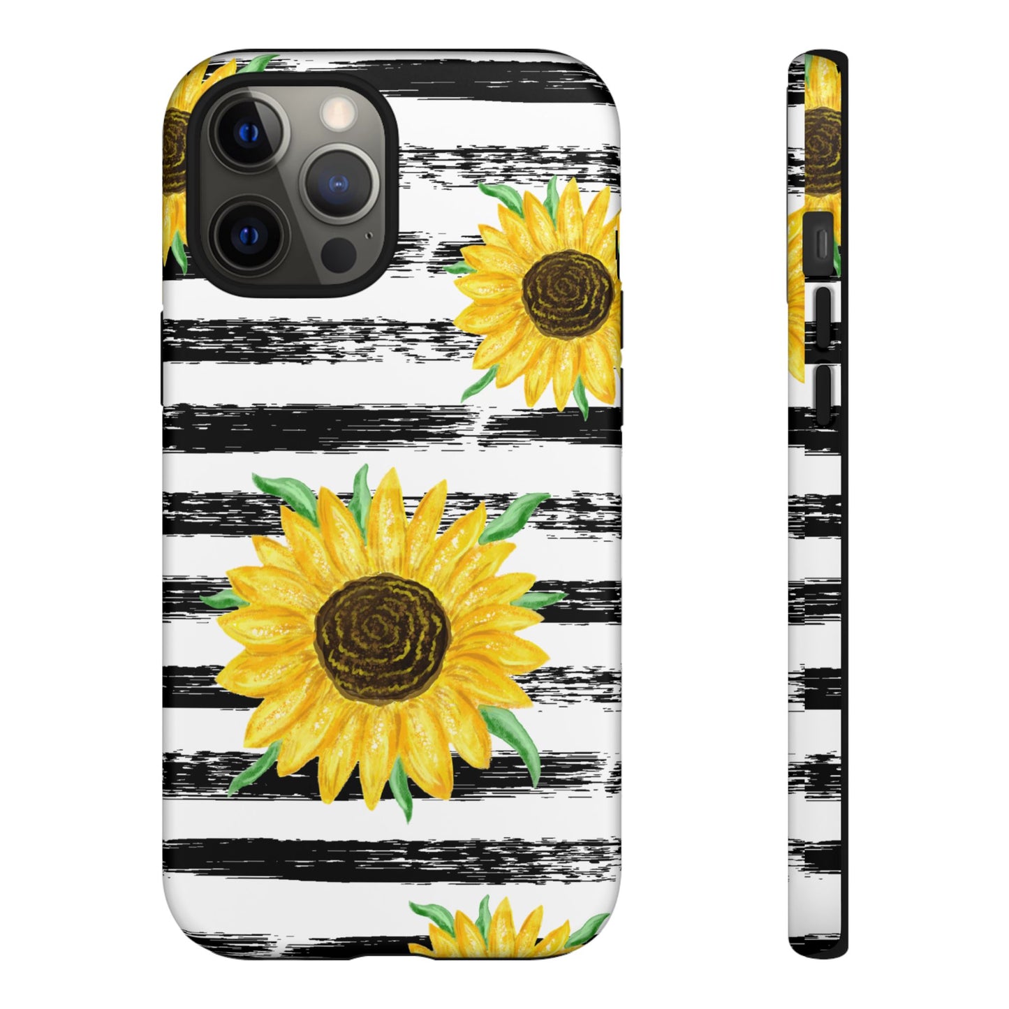 Sunflower Tough Phone Case - Bright Yellow Floral Art, Black and White Striped Aesthetic, Compatible with iPhone, Galaxy, and Google Phones