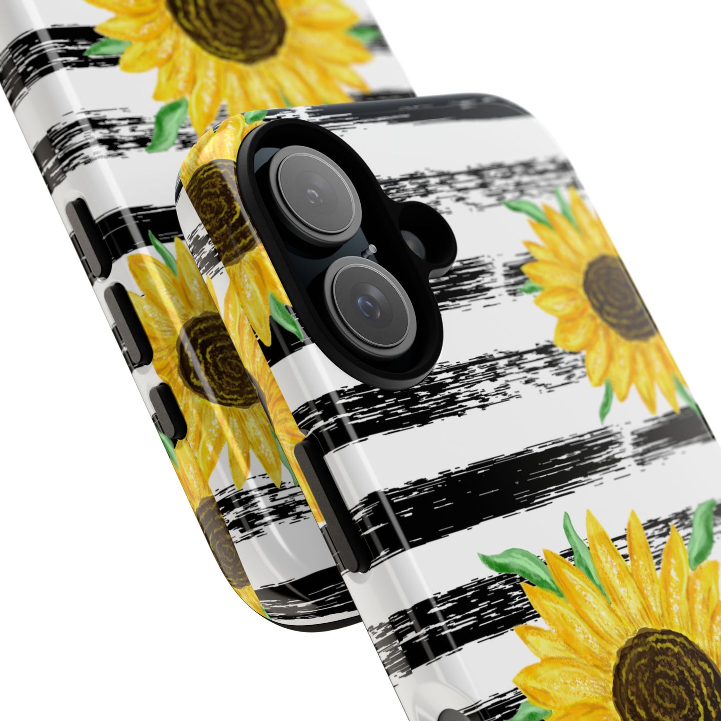 Sunflower Tough Phone Case - Bright Yellow Floral Art, Black and White Striped Aesthetic, Compatible with iPhone, Galaxy, and Google Phones