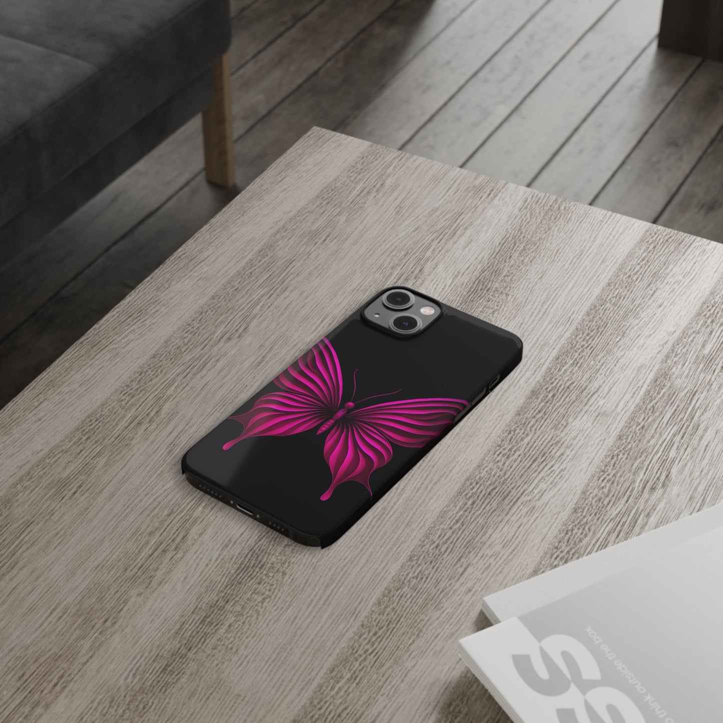 Pink Butterfly Phone Case, Elegant Insect Art, Black Aesthetic Slim Phone Case Compatible with iPhone, Galaxy, Google