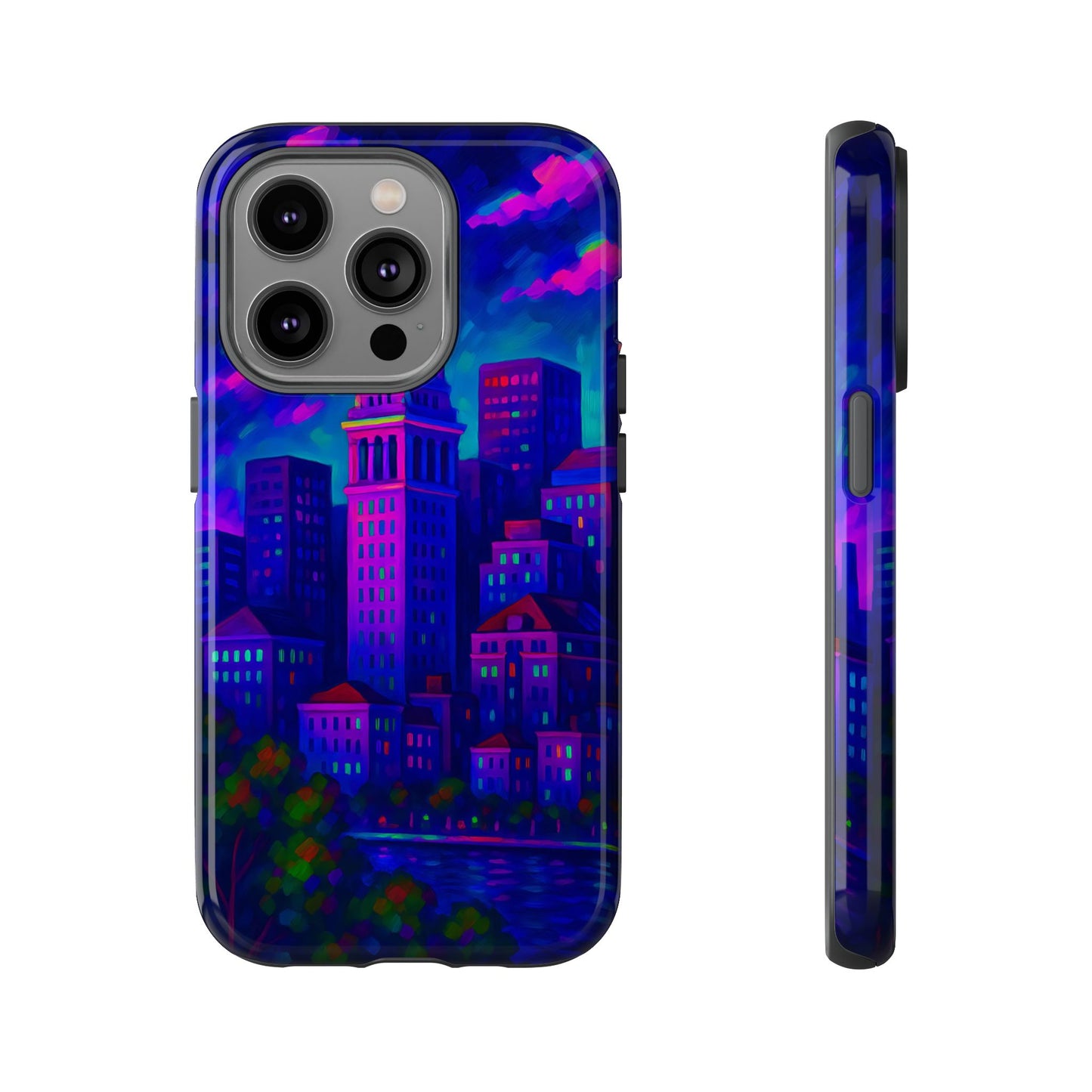 Boston Cityscape Tough Phone Case, Neon Night Skyline, Sunset Tower View Watercolor Urban Art, Compatible with iPhone, Galaxy, Google Phones