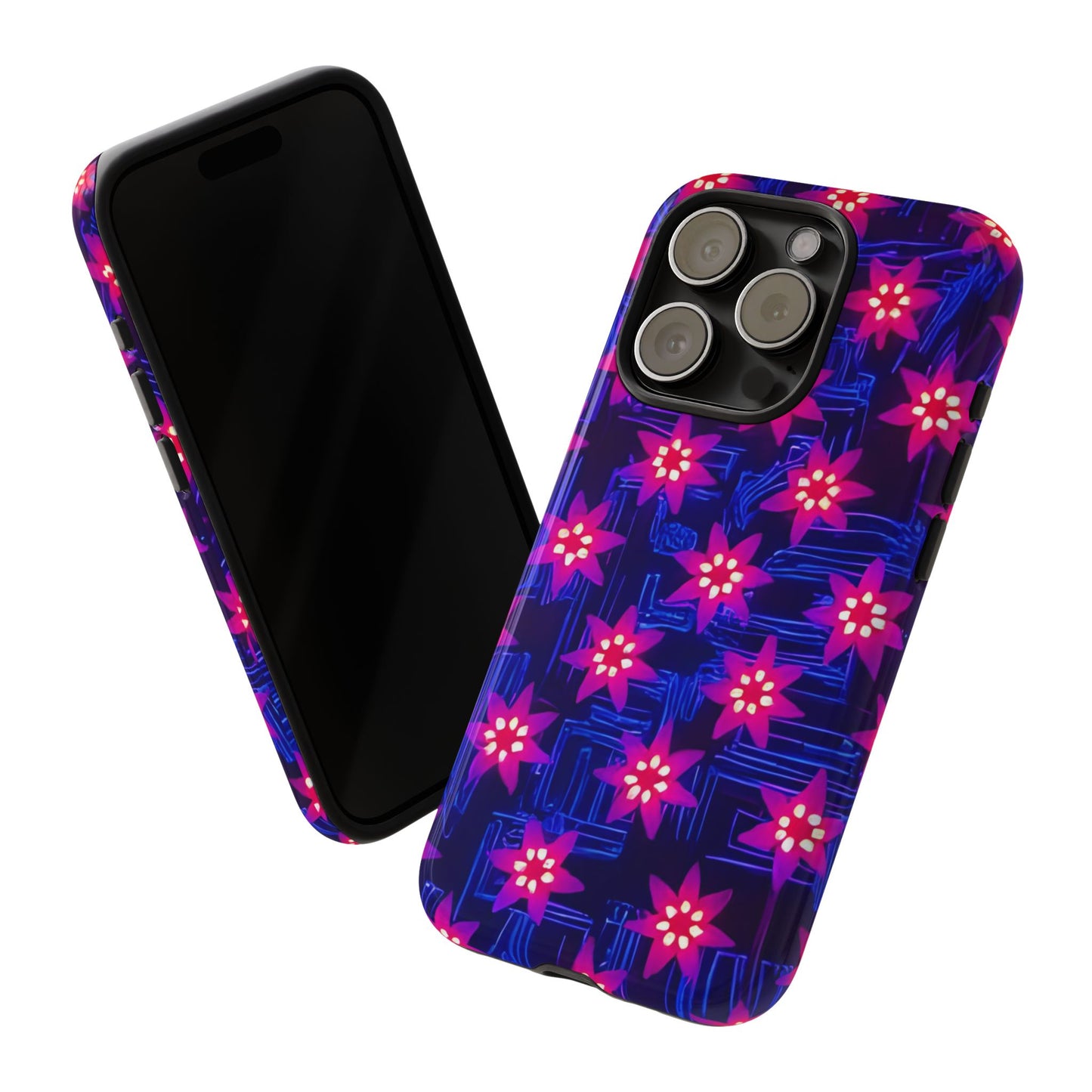 Neon Flower Tough Phone Case - Trippy Dark Floral Art, Electric Glow Aesthetic, Compatible with iPhone, Galaxy, and Google Phones