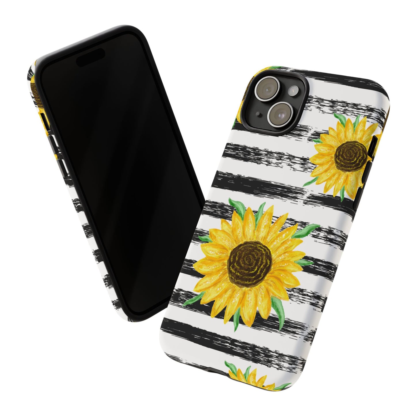 Sunflower Tough Phone Case - Bright Yellow Floral Art, Black and White Striped Aesthetic, Compatible with iPhone, Galaxy, and Google Phones