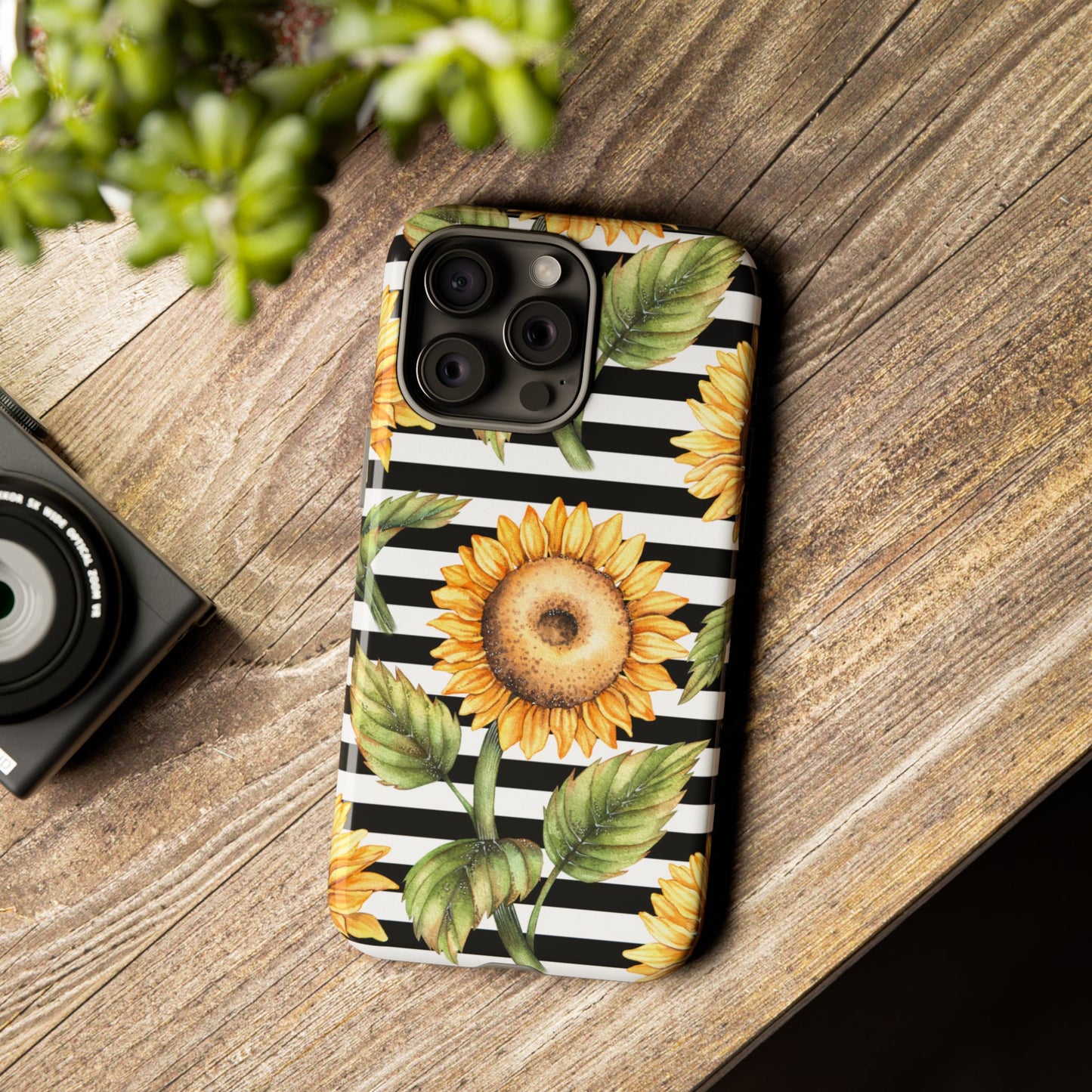 Sunflower Tough Phone Case - Bold Yellow Floral Art, Black and White Striped Aesthetic, Compatible with iPhone, Galaxy, and Google Phones