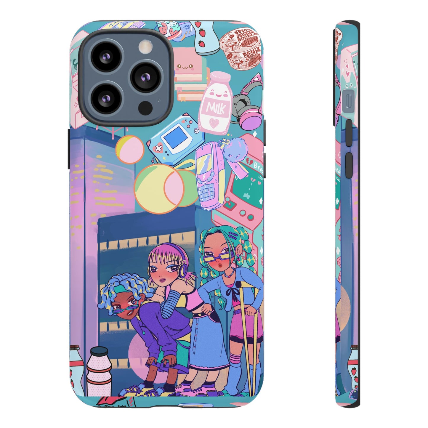 Y2K Anime Girl Tough Phone Case - Kawaii Vaporwave Style, Cute Maximalist Aesthetic, Compatible with iPhone, Galaxy, and Google Phones