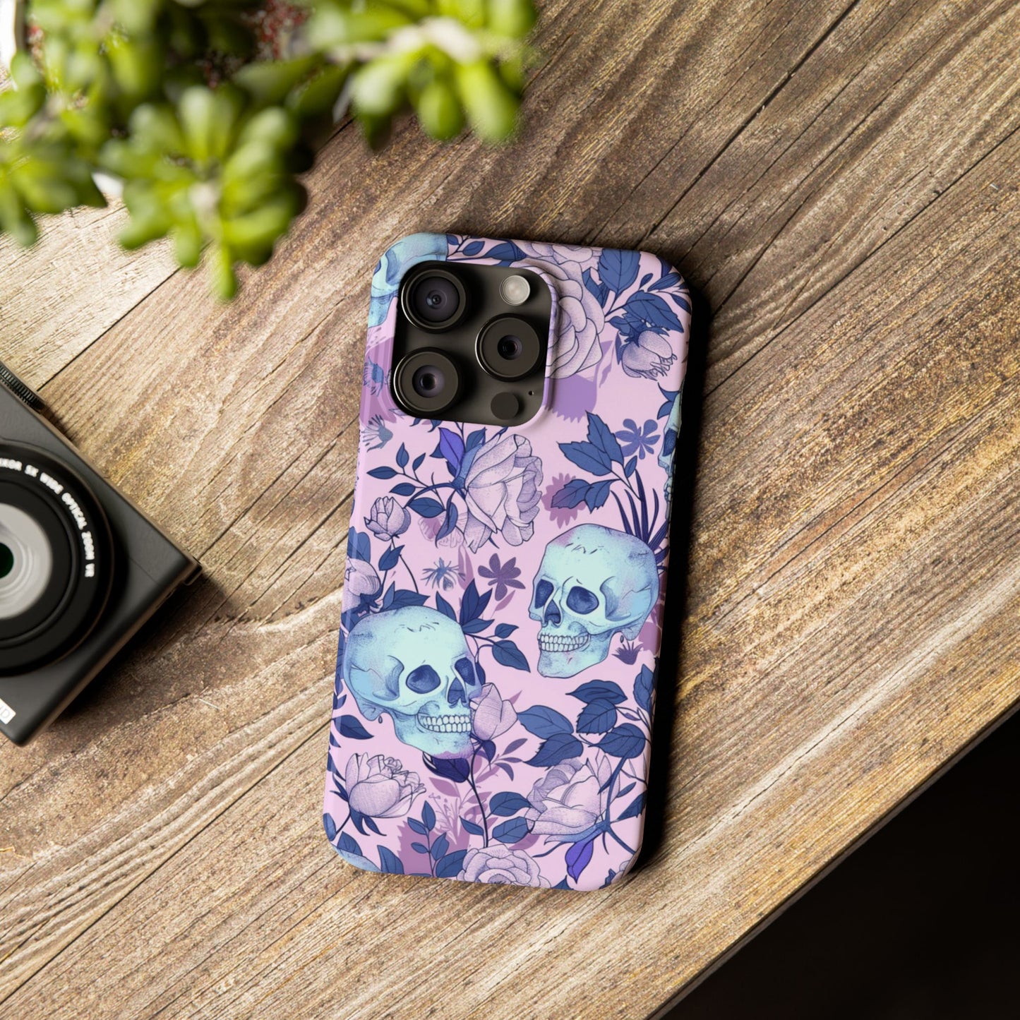 Floral Skull Slim Phone Case - Aesthetic, Trendy, Gift for Goth Lovers, Unique Phone Accessories, Floral Print, Halloween Decor