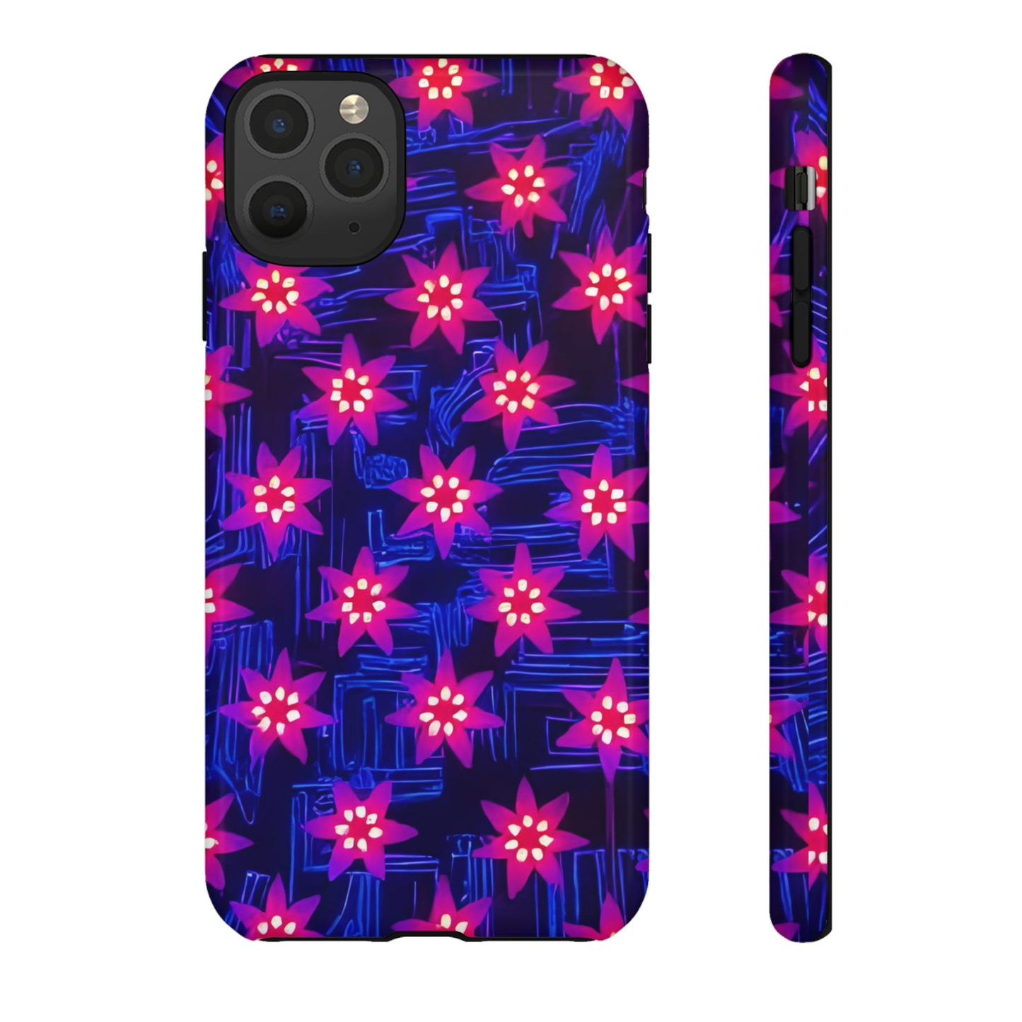 Neon Flower Tough Phone Case - Trippy Dark Floral Art, Electric Glow Aesthetic, Compatible with iPhone, Galaxy, and Google Phones