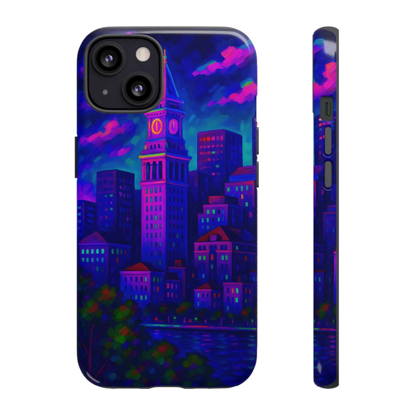 Boston Cityscape Tough Phone Case, Neon Night Skyline, Sunset Tower View Watercolor Urban Art, Compatible with iPhone, Galaxy, Google Phones