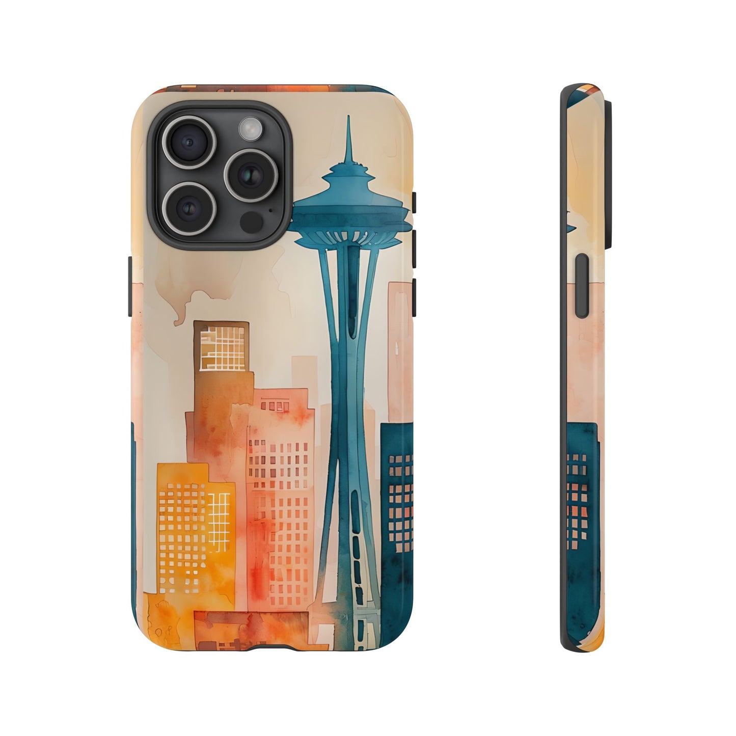 Seattle Cityscape Phone Case - Urban Skyline Art Tough Case, Watercolor City Aesthetic, Compatible with iPhone, Galaxy, Google Phones