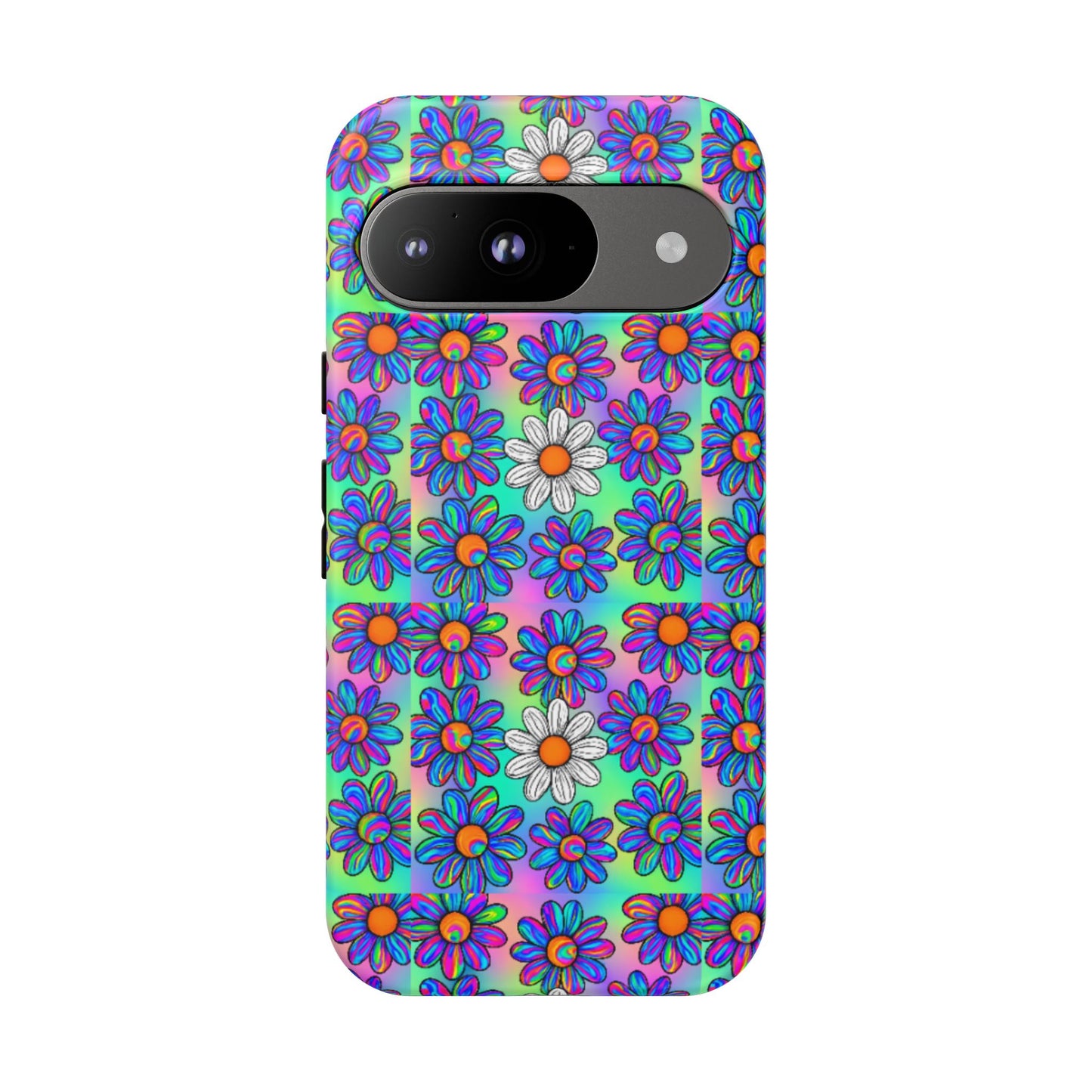 Trippy Daisy Tough Phone Case - Psychedelic Floral Aesthetic, Colorful Groovy Design, Compatible with iPhone, Galaxy, and Google Phones