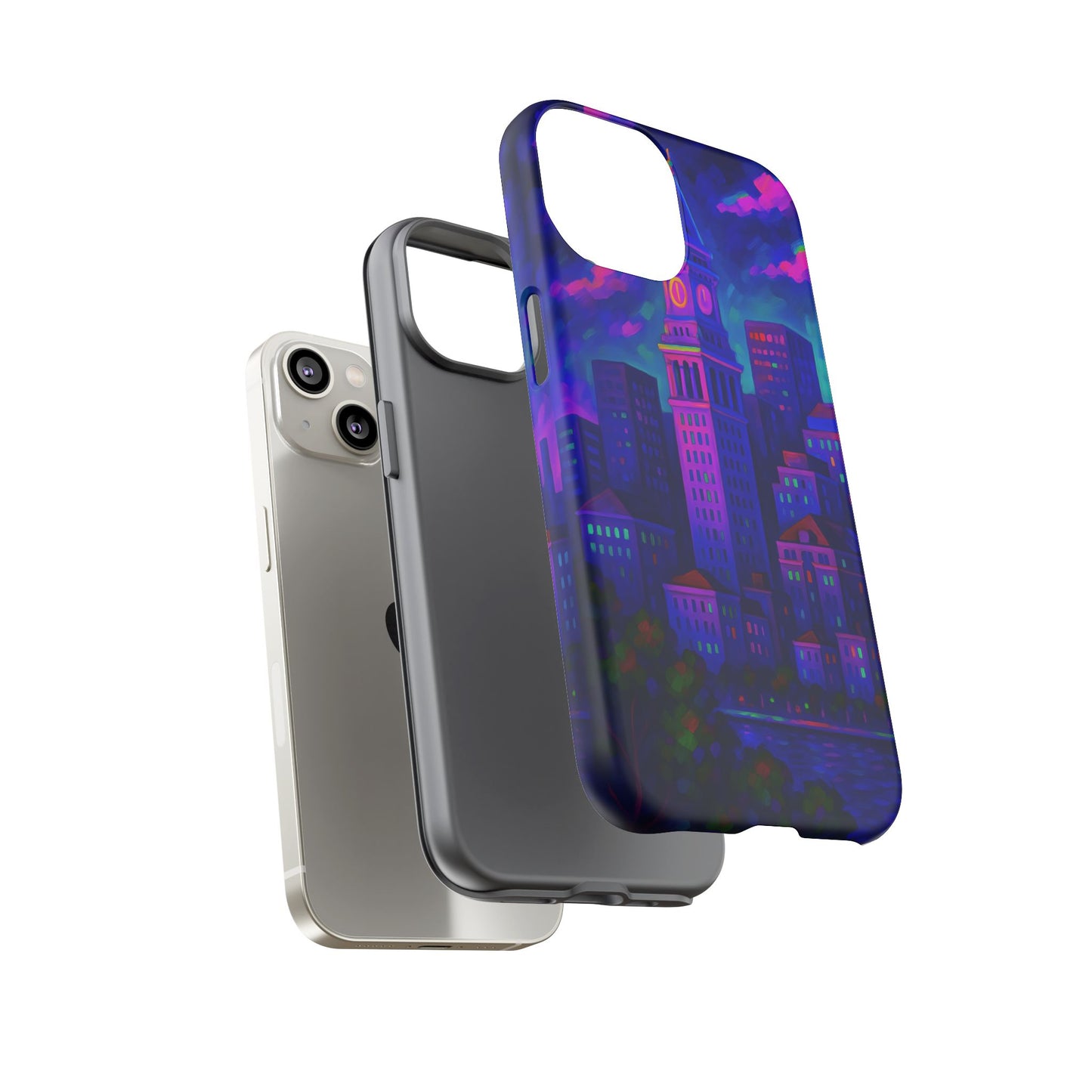 Boston Cityscape Tough Phone Case, Neon Night Skyline, Sunset Tower View Watercolor Urban Art, Compatible with iPhone, Galaxy, Google Phones