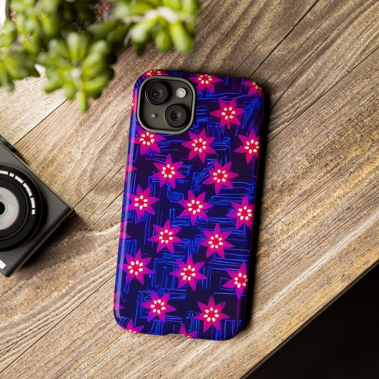 Neon Flower Tough Phone Case - Trippy Dark Floral Art, Electric Glow Aesthetic, Compatible with iPhone, Galaxy, and Google Phones