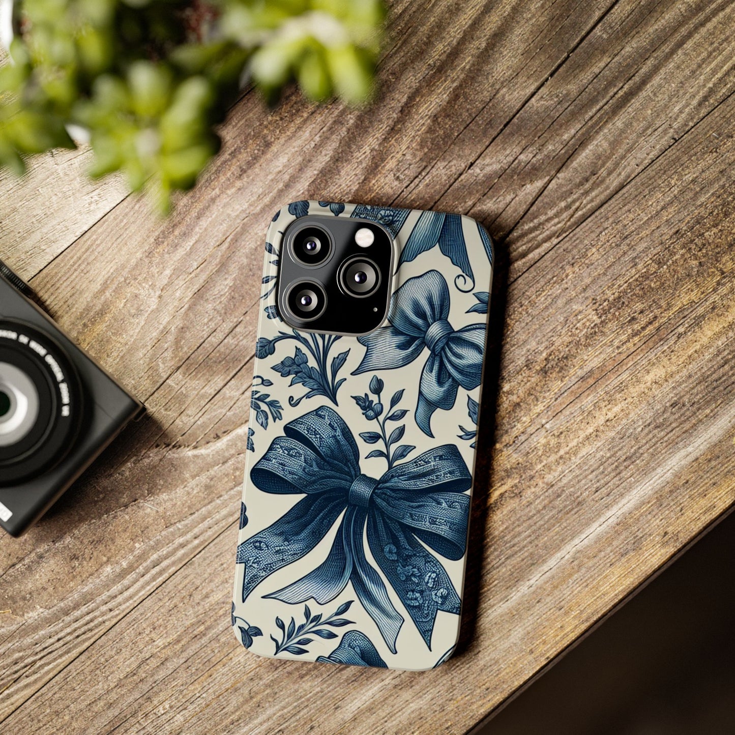 Elegant Floral Bow Slim Phone Case, Blue Flower Phone Cover, Gift for Her, Stylish Tech Accessory, Wedding Gift, Floral Design