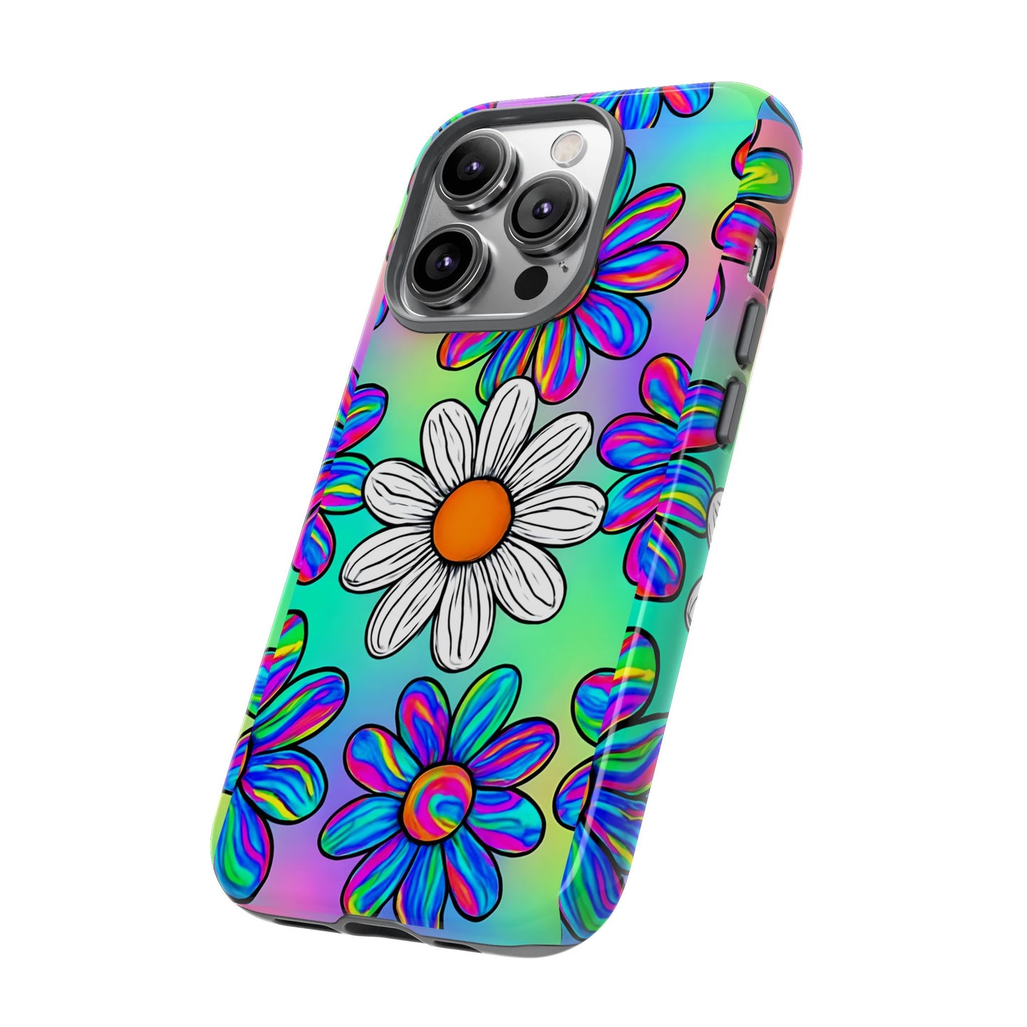 Trippy Daisy Tough Phone Case - Psychedelic Floral Design, Colorful Retro Aesthetic, Compatible with iPhone, Galaxy, and Google Phones