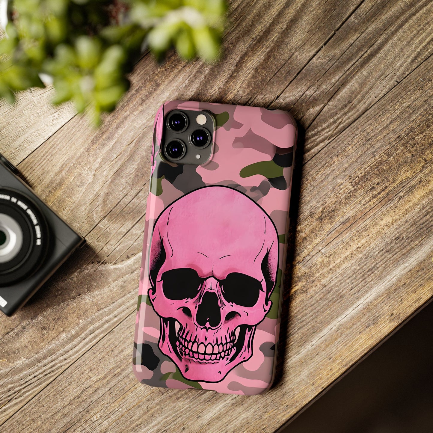 Pink Camo Skull Phone Case, Slim Case for iPhone, Edgy Phone Accessory, Unique Gift for Her, Trendy Tech Lover