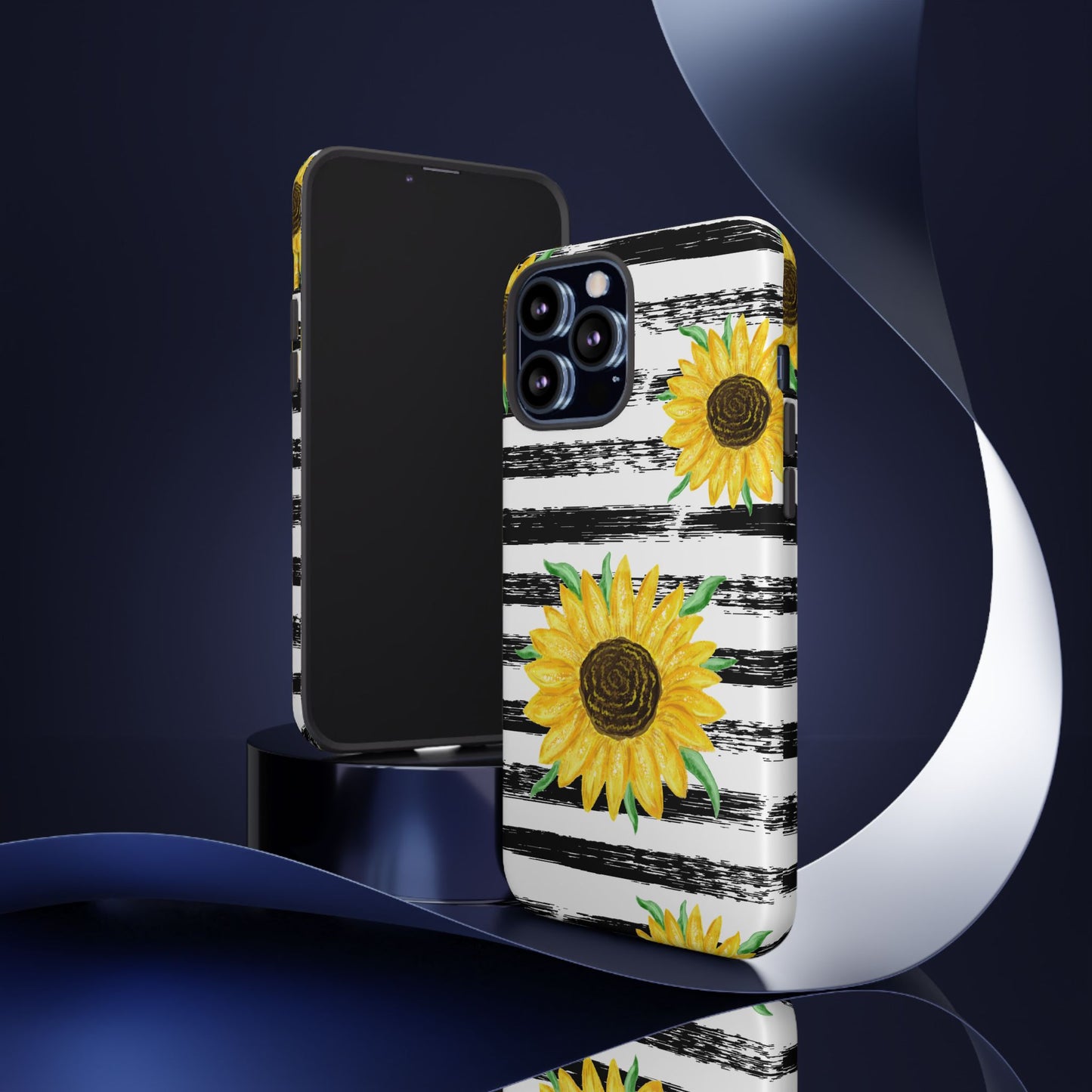 Sunflower Tough Phone Case - Bright Yellow Floral Art, Black and White Striped Aesthetic, Compatible with iPhone, Galaxy, and Google Phones