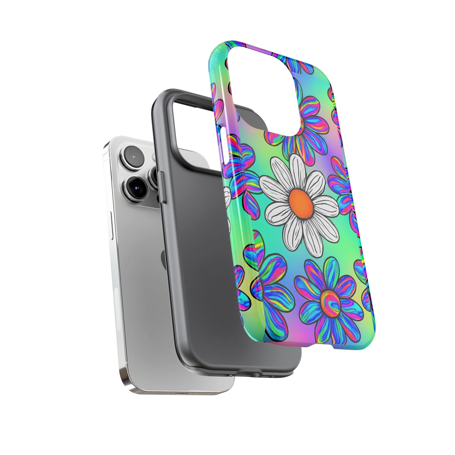 Trippy Daisy Tough Phone Case - Psychedelic Floral Design, Colorful Retro Aesthetic, Compatible with iPhone, Galaxy, and Google Phones