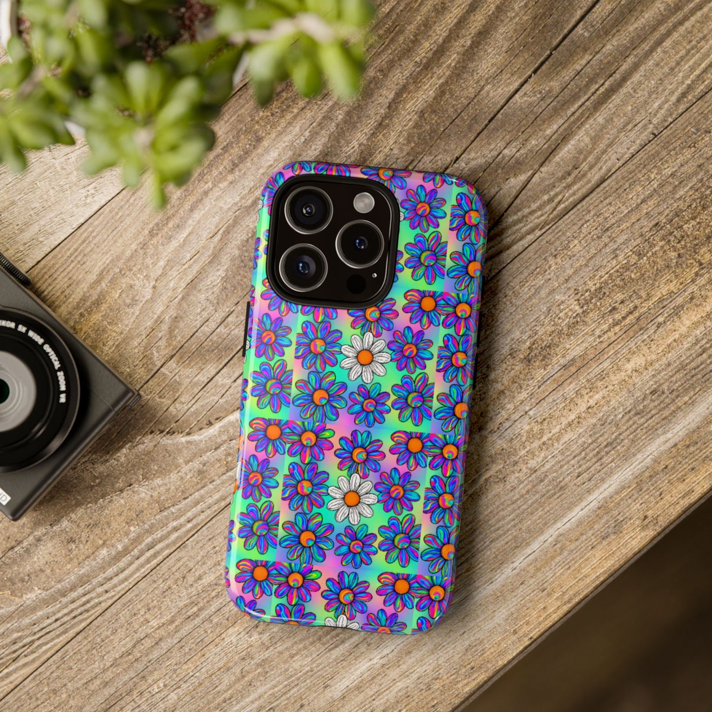 Trippy Daisy Tough Phone Case - Psychedelic Floral Aesthetic, Colorful Groovy Design, Compatible with iPhone, Galaxy, and Google Phones