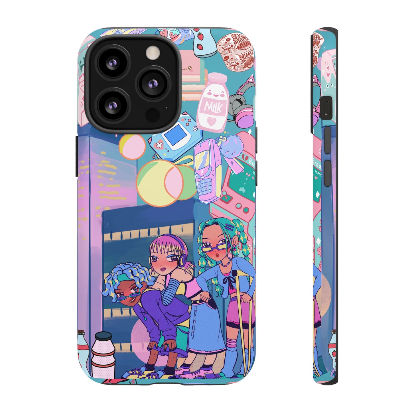 Y2K Anime Girl Tough Phone Case - Kawaii Vaporwave Style, Cute Maximalist Aesthetic, Compatible with iPhone, Galaxy, and Google Phones